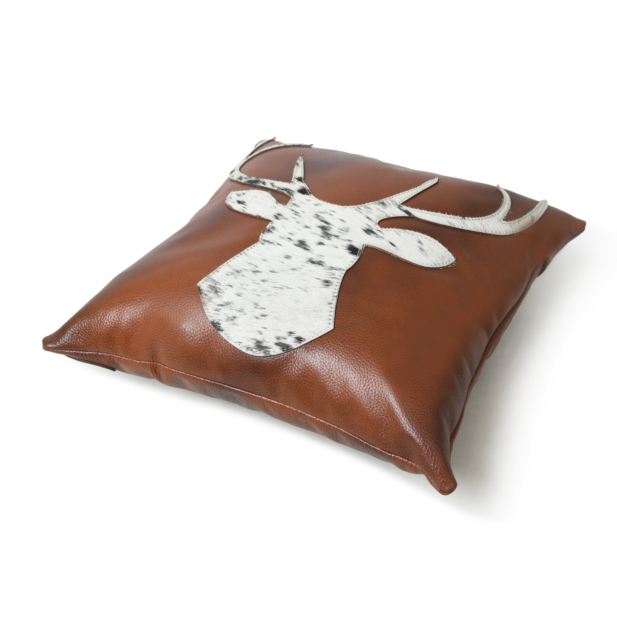 MOUSM Real Cowhide Leather Cushion Cover – 18x18 Inch Decorative Pillow Cover with Engraved Hair-On Deer Patch – Designer Throw Pillow Case for Sofa, Couch, Living Room & Bedroom (Brown)