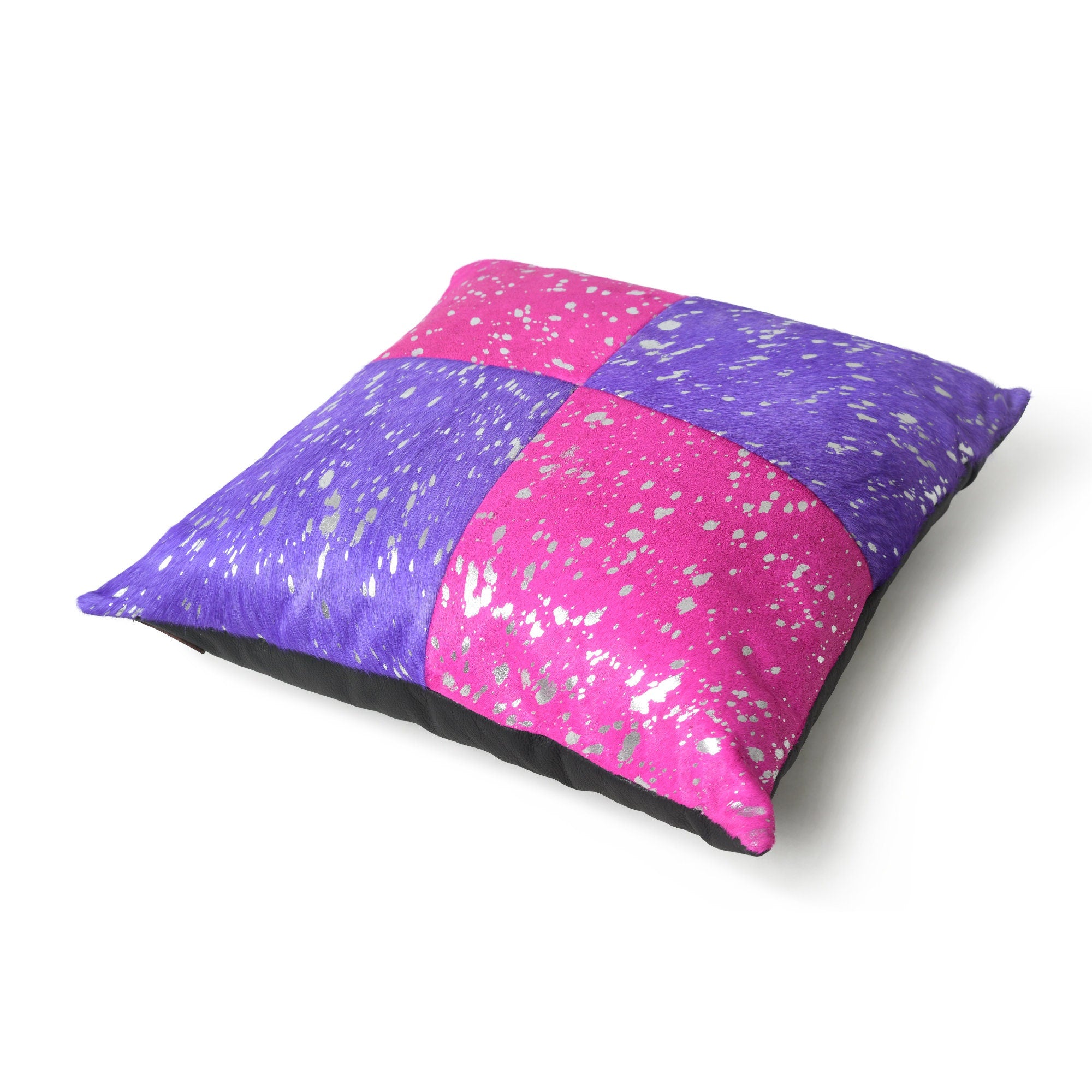 MOUSM Real Cowhide Leather Cushion Cover – 18x18 Inch Hair-On Decorative Pillow Cover with Two Cross Shades and Silver Metallic Acid Wash – Designer Throw Pillow Case for Sofa, Couch, Living Room & Bedroom