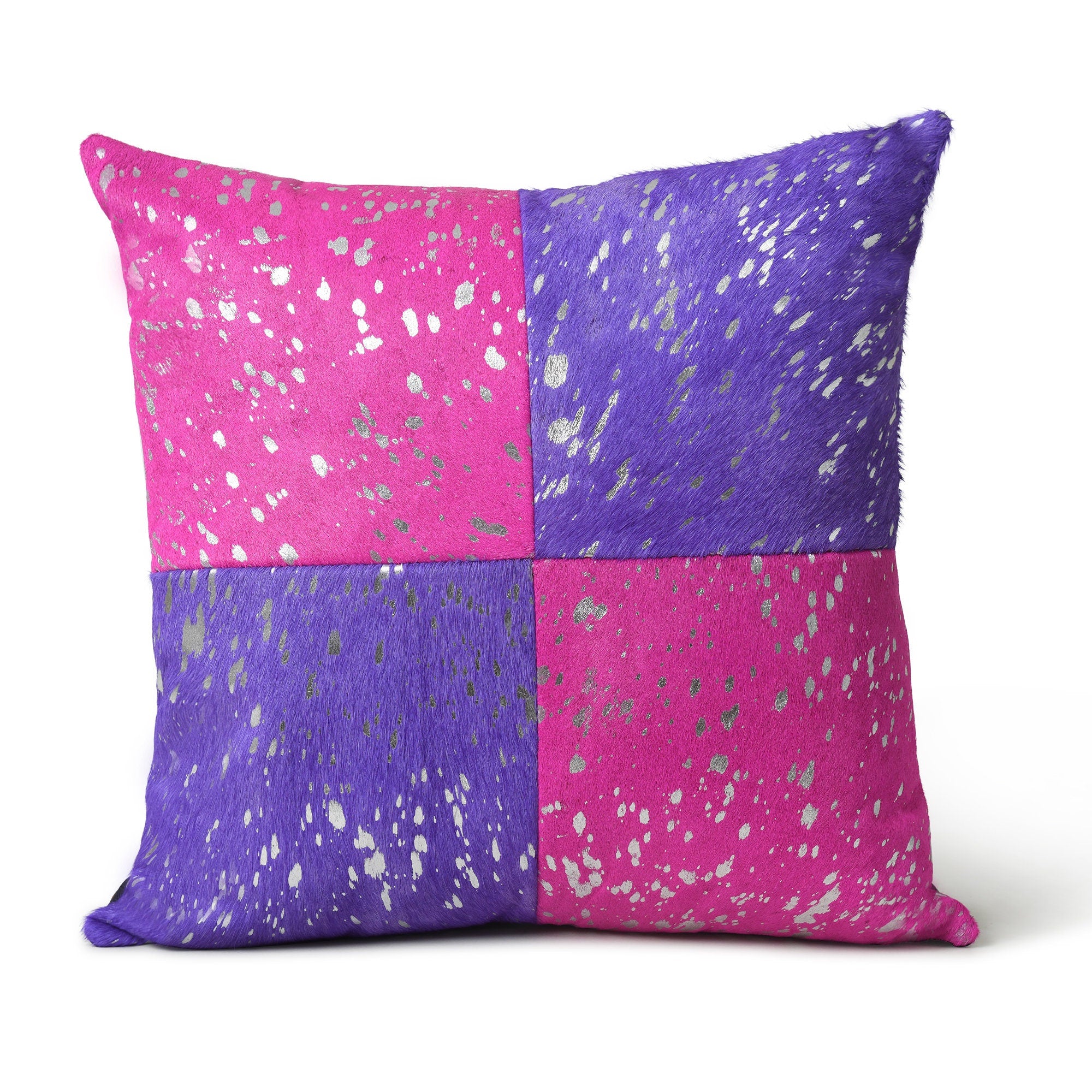 MOUSM Real Cowhide Leather Cushion Cover – 18x18 Inch Hair-On Decorative Pillow Cover with Two Cross Shades and Silver Metallic Acid Wash – Designer Throw Pillow Case for Sofa, Couch, Living Room & Bedroom