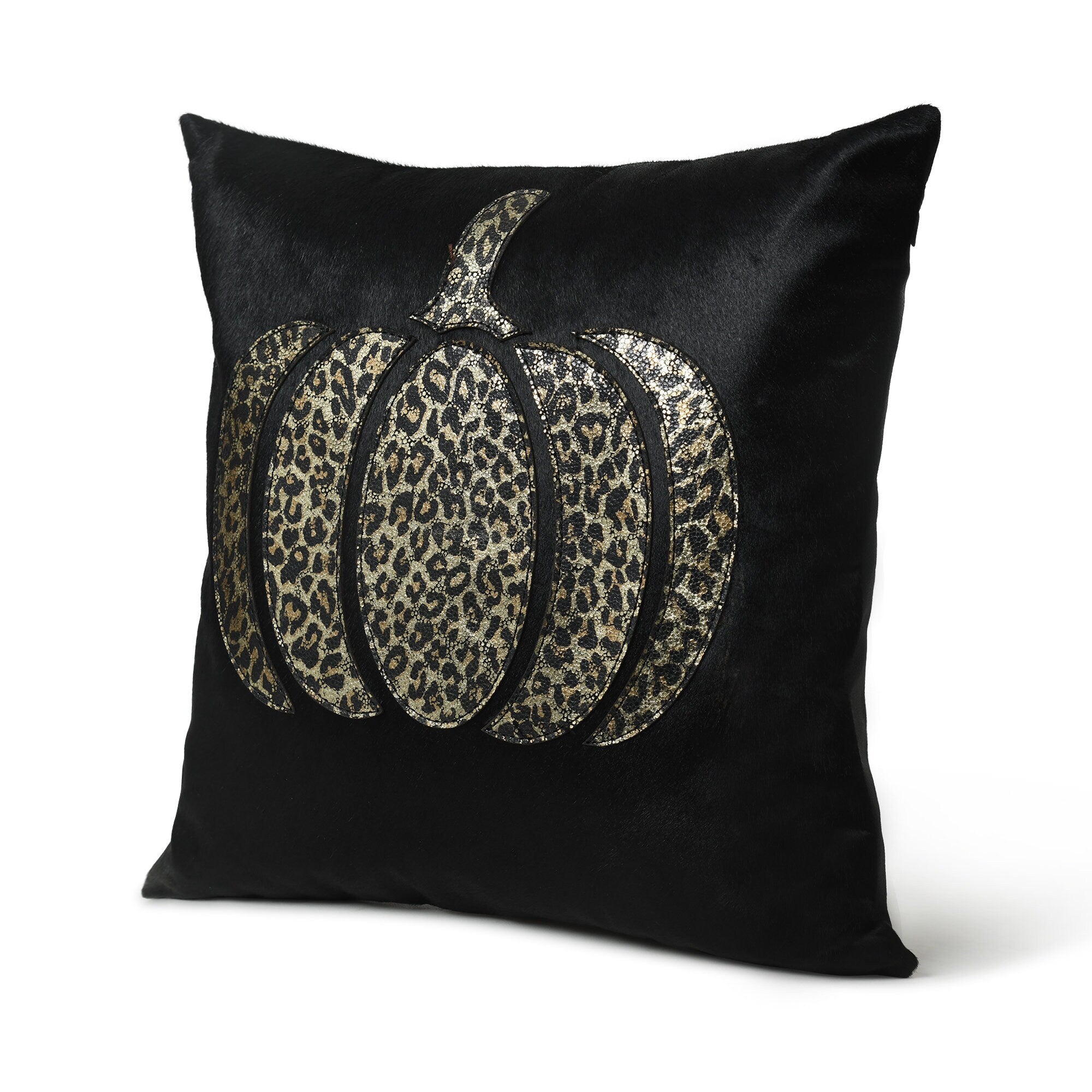 MOUSM Real Cowhide Leather Cushion Cover – 18x18 Inch Hair-On Decorative Pillow Cover with Holographic Leopard Print Pumpkin Design – Designer Throw Pillow Case for Sofa, Couch, Living Room & Bedroom (Black)