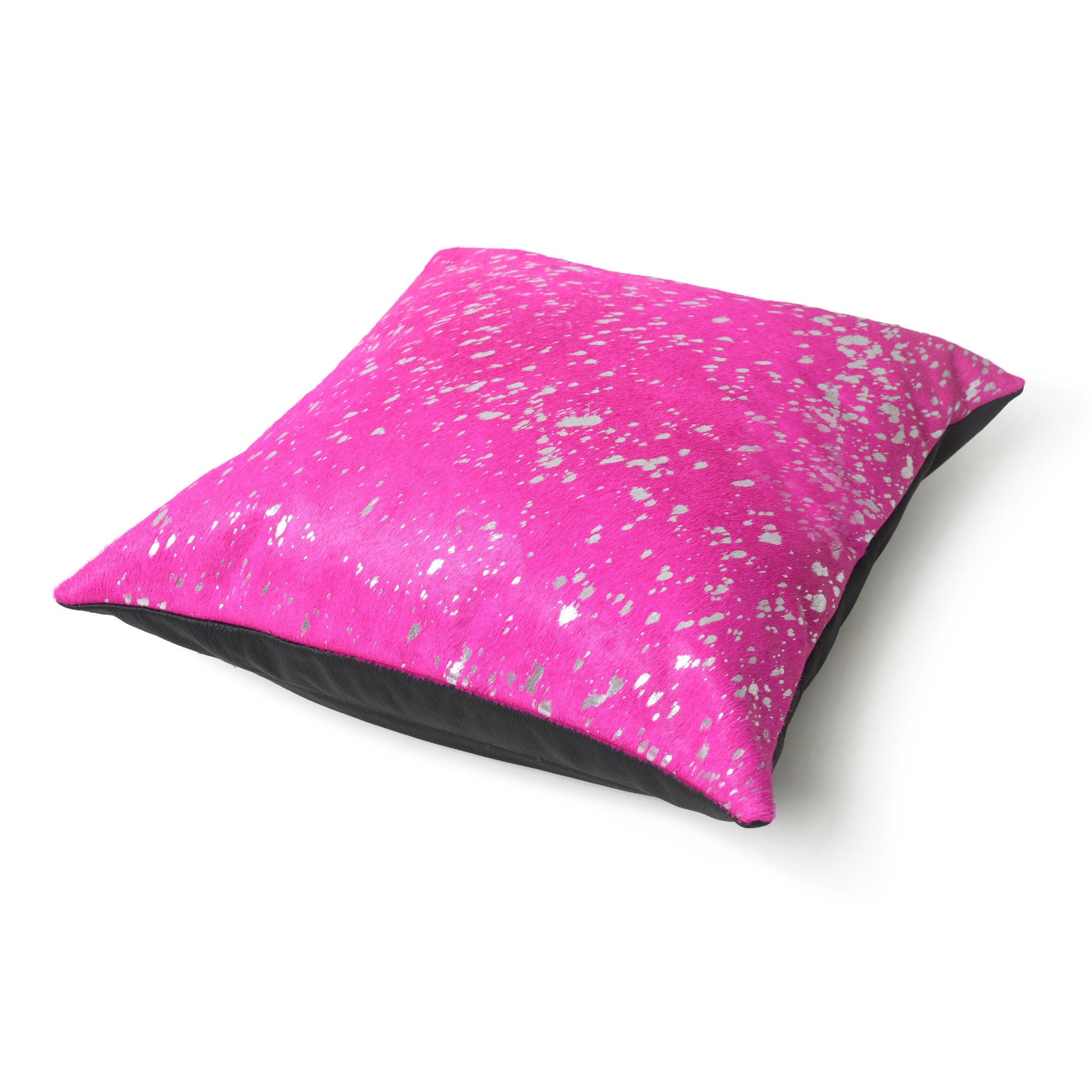 MOUSM Real Cowhide Leather Cushion Cover – 18x18 Inch Hair-On Decorative Pillow Cover with Metallic Spots – Designer Throw Pillow Case for Sofa, Couch, Living Room & Bedroom (Pink, Purple)