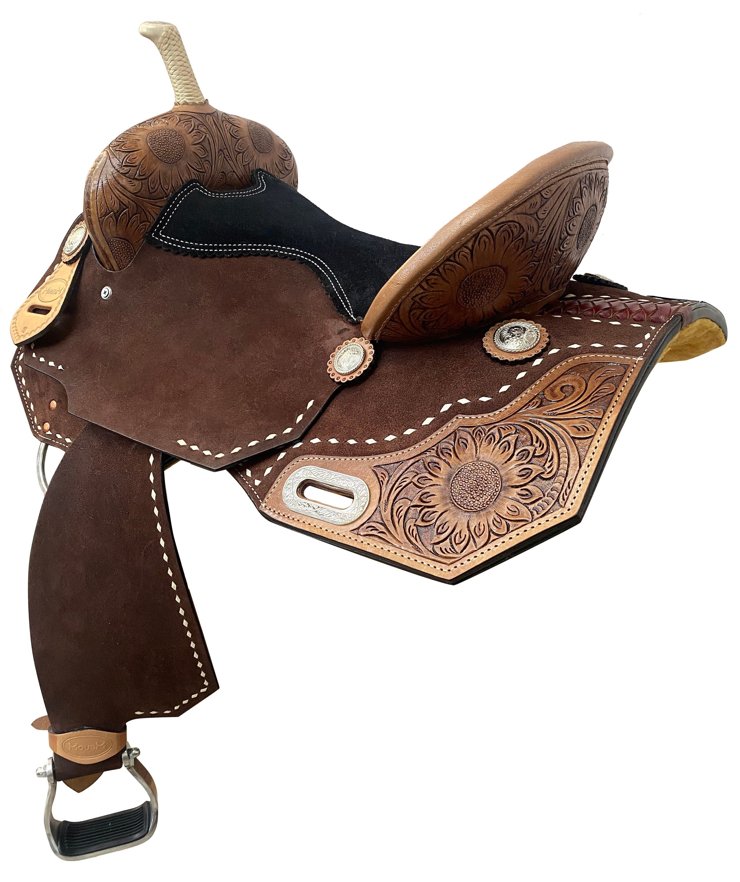 MOUSM Western Saddle - Hand-Tooled Sunflower Single Barrel Saddle Built on Rawhide Covered Fiber Tree with Fancy Concho, Seat Size: 13"-17" Inches