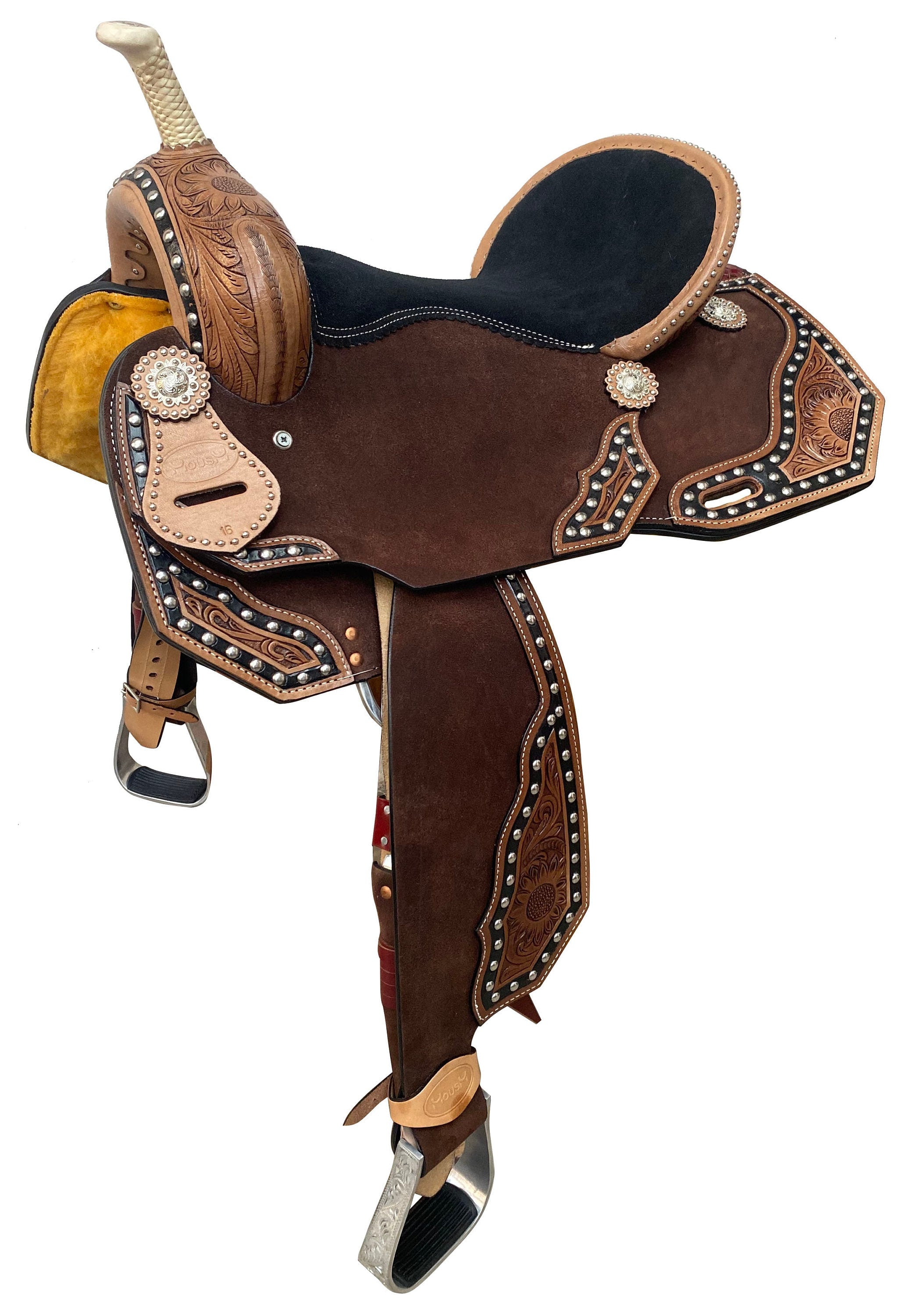MOUSM Western Horse Saddle - Handcrafted with Tooling and Surrounded by Studs and Fancy Conchos, Barrel Saddle Built on a Rawhide-Covered Fiber Tree, Seat Size: 13"-17" Inches