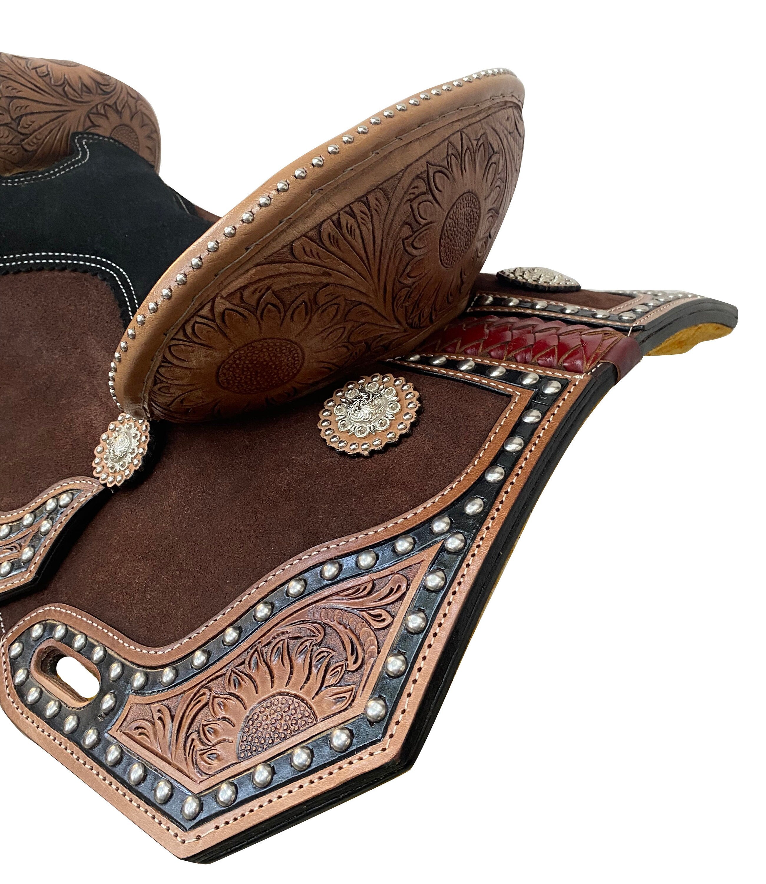 MOUSM Western Horse Saddle - Handcrafted with Tooling and Surrounded by Studs and Fancy Conchos, Barrel Saddle Built on a Rawhide-Covered Fiber Tree, Seat Size: 13"-17" Inches
