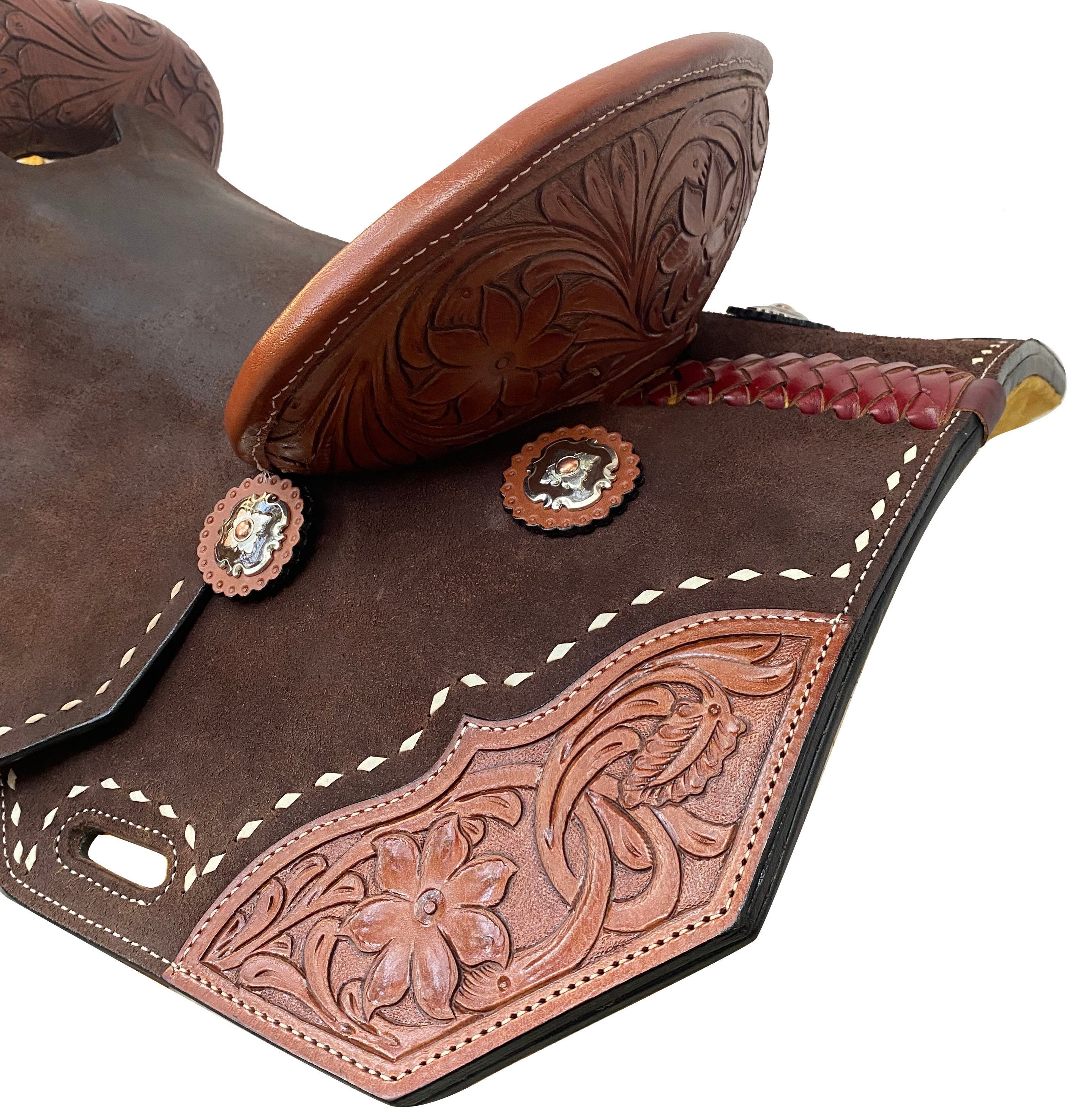 Western Saddle – Handcrafted Genuine Leather Barrel Saddle with Hand-Tooled Sunflower Corners, Built on Rawhide-Covered Fiber Tree with Fancy Conchos, Seat Size: 13"–17" Inches