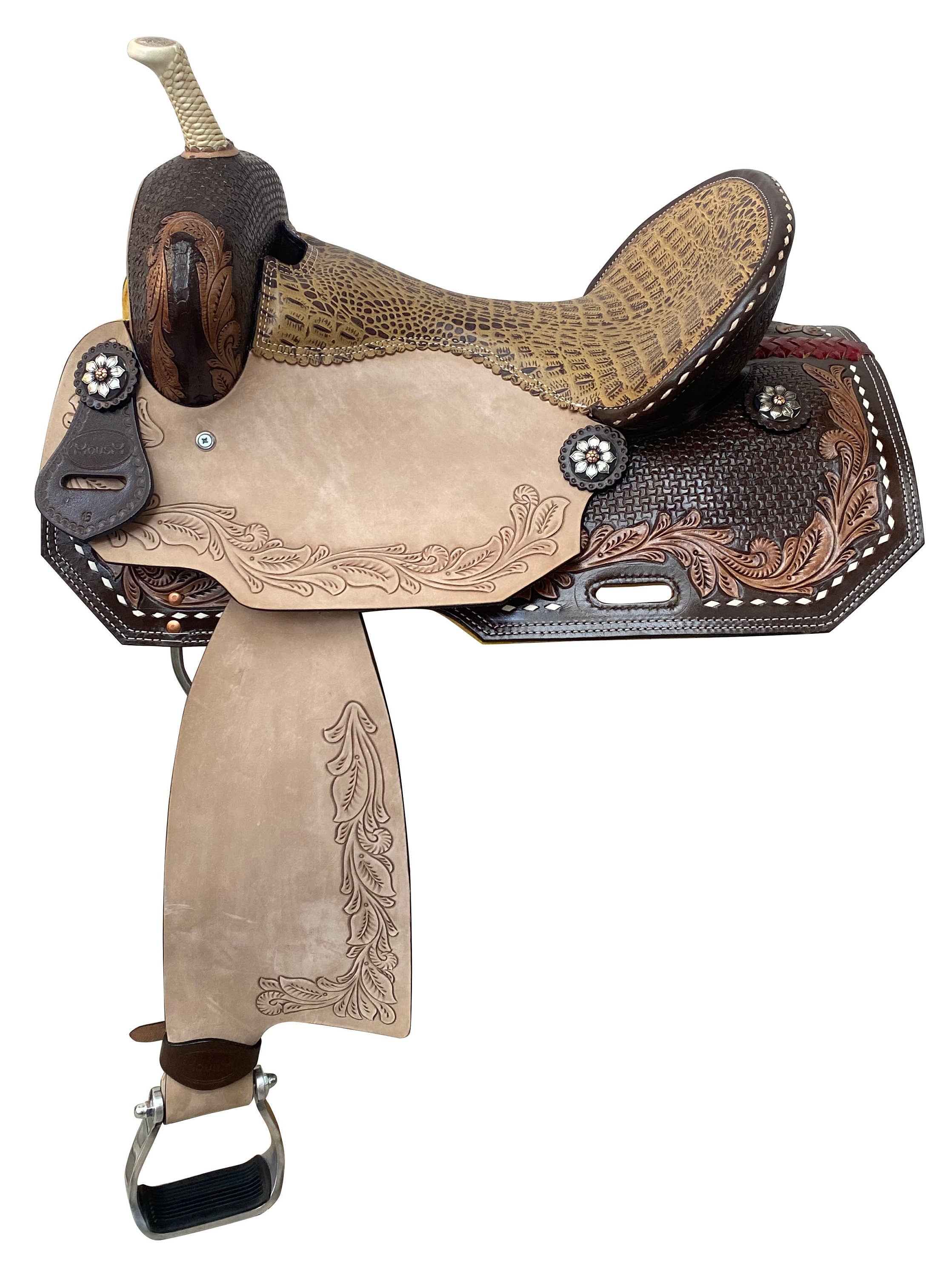 Western Barrel Saddle - Handcrafted with Premium Quality Leather, Hand-Tooled Alligator Print, Built on Rawhide-Covered Fiber Tree with Fancy Conchos, Seat Size: 13"-17" Inches