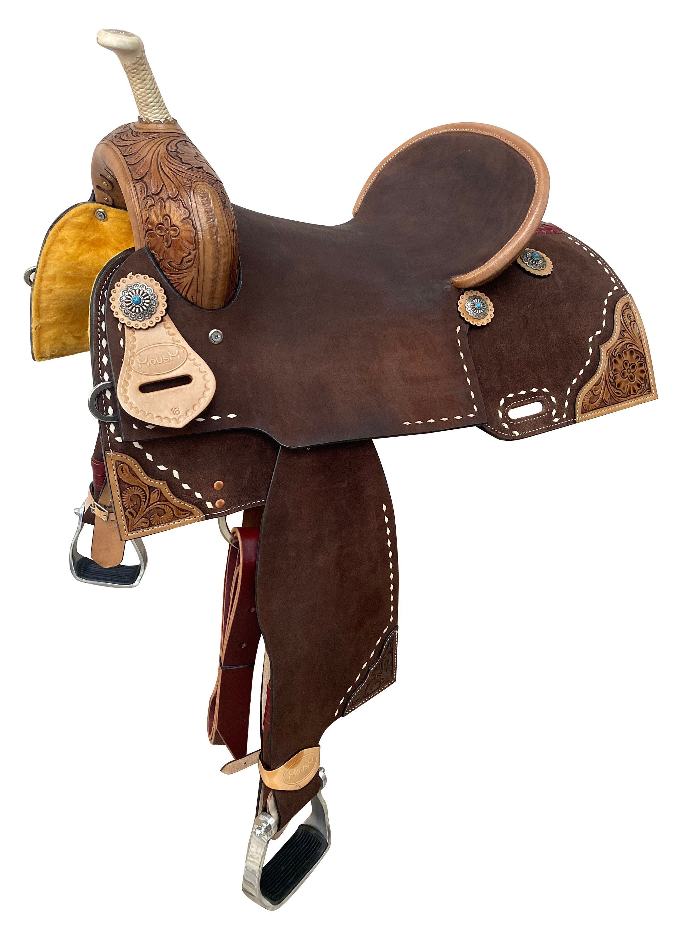 MOUSM Western Saddle for Horses - Handcrafted Barrel Saddle Built on a Rawhide-Covered Fiber Tree with Hand-Tooled Flower Design on Corner & Fancy Conchos, Seat Sizes: 13"–17" Inches
