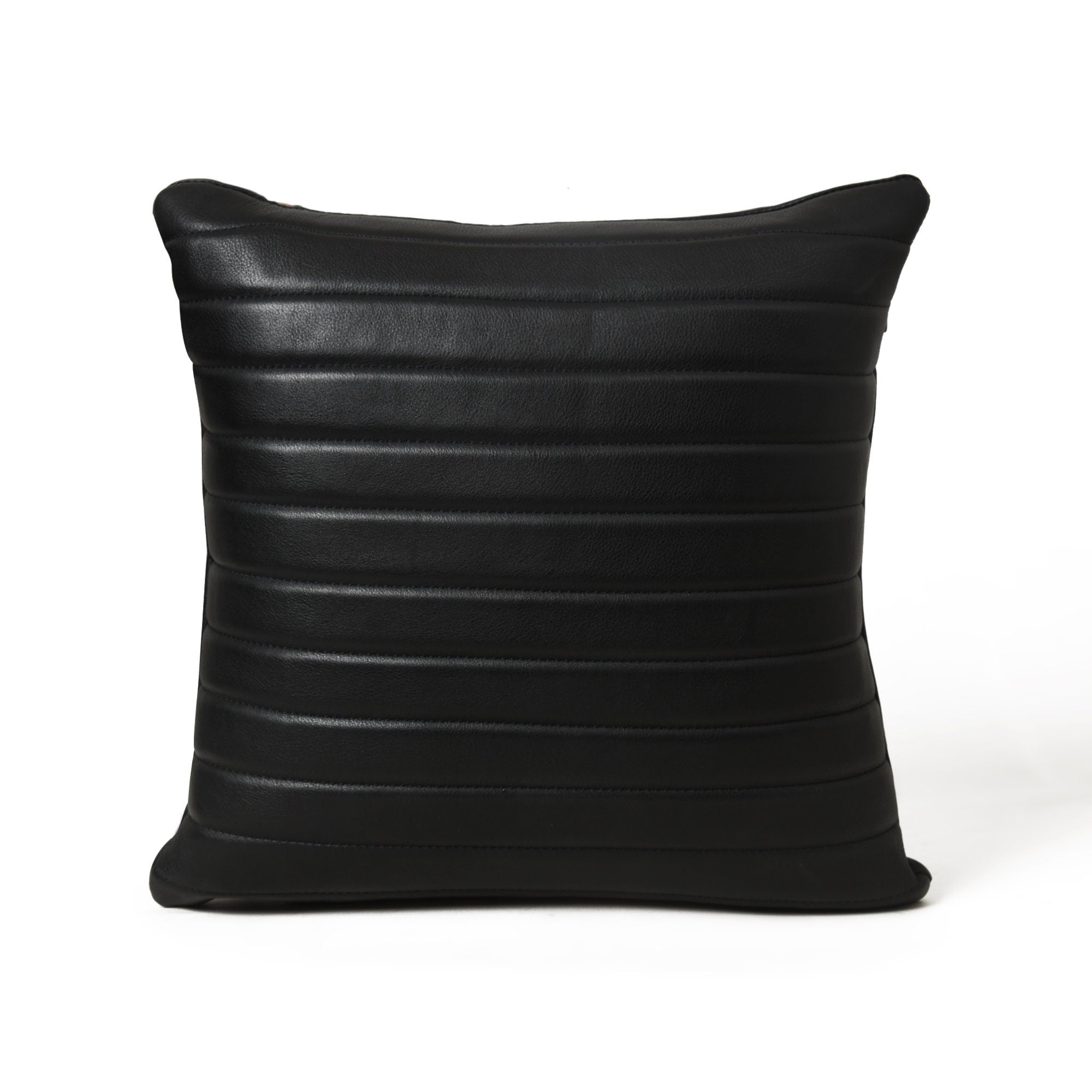 MOUSM Real Cowhide Leather Cushion Cover – 18x18 Inch Parallel Striped Designer Pillow Cover – Decorative Throw for Sofa, Couch, Living Room & Bedroom (White / Black / Tan / Brown)