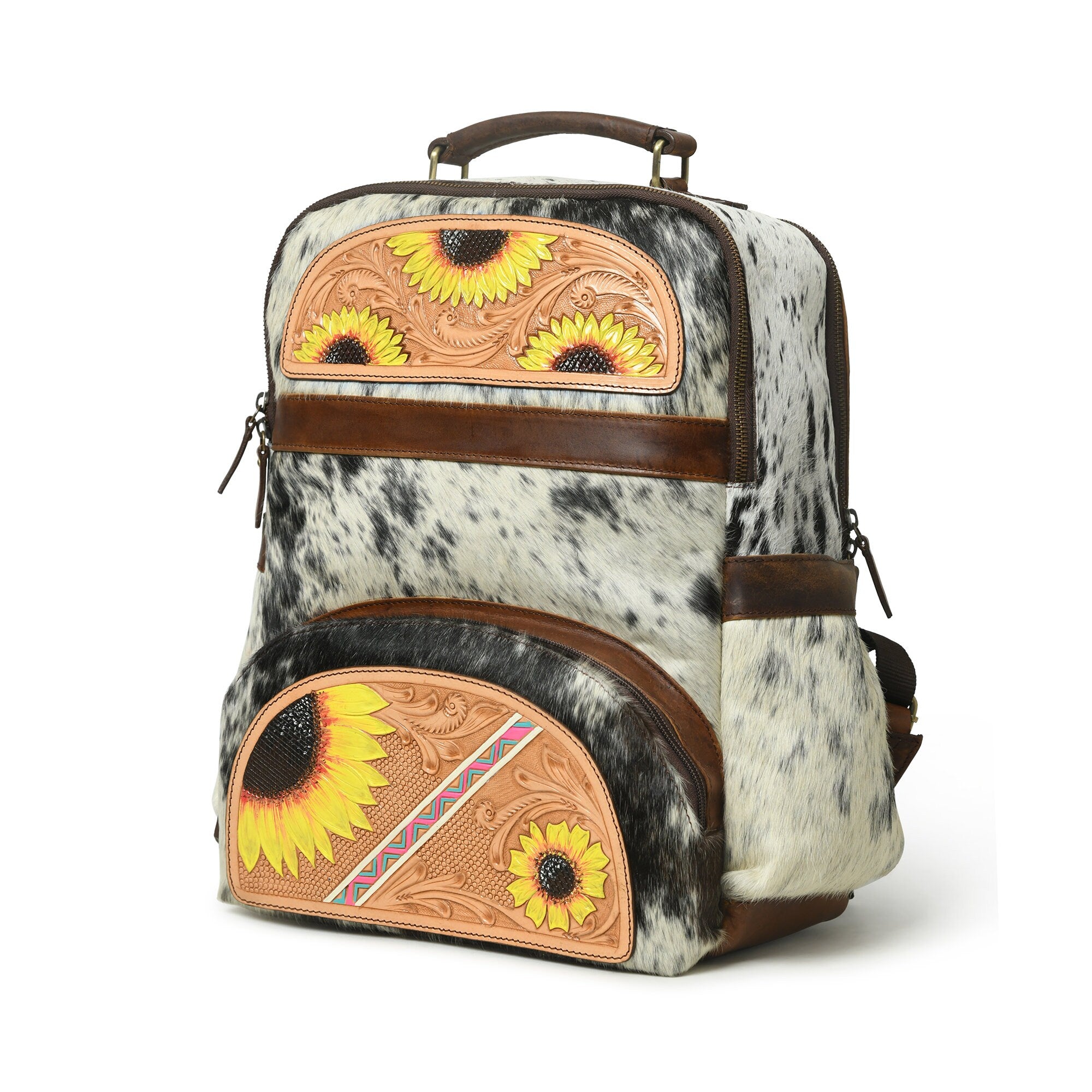 MOUSM Cowhide Leather Backpack, Leather Bags Shoulder Backpacks, School bags, Travel Bags, Cow Print Bags, Hand Tooled Leather Bag