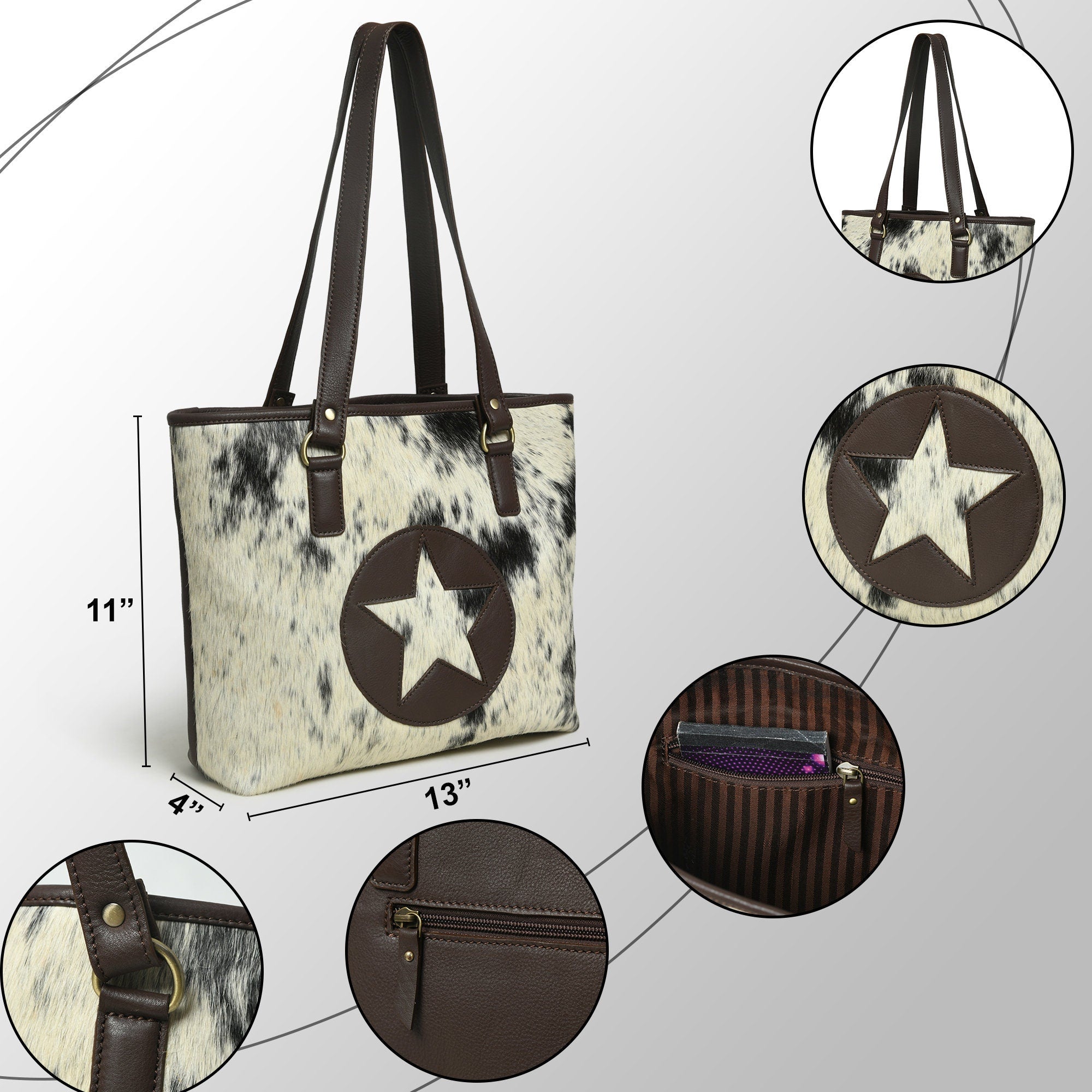 MOUSM Genuine Leather Handbag - Tote Bag for Women with Centre Star Cut Patch on Real Hair-On Cow Hide Leather Front, High-Quality Zipper Closure