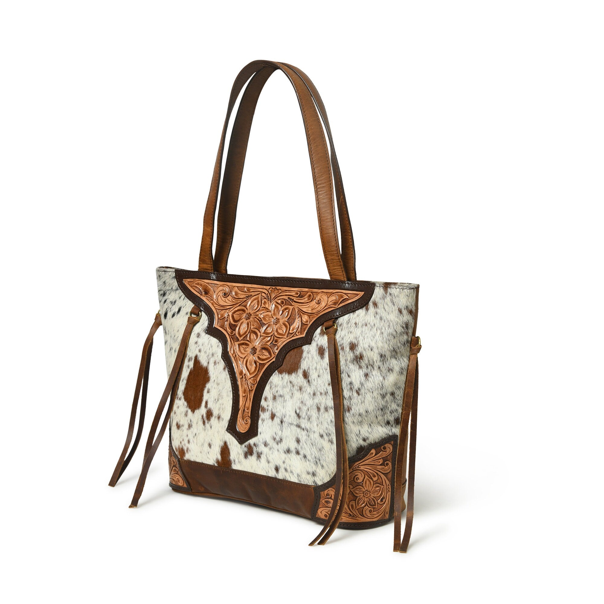 MOUSM Genuine Cow Hide Leather Tote Bag for Women - Tote Bag with Hand-Tooled Floral Patch on Real Hair On Cow Hide Leather Front with Side Fringe, High-Quality Zipper Closure