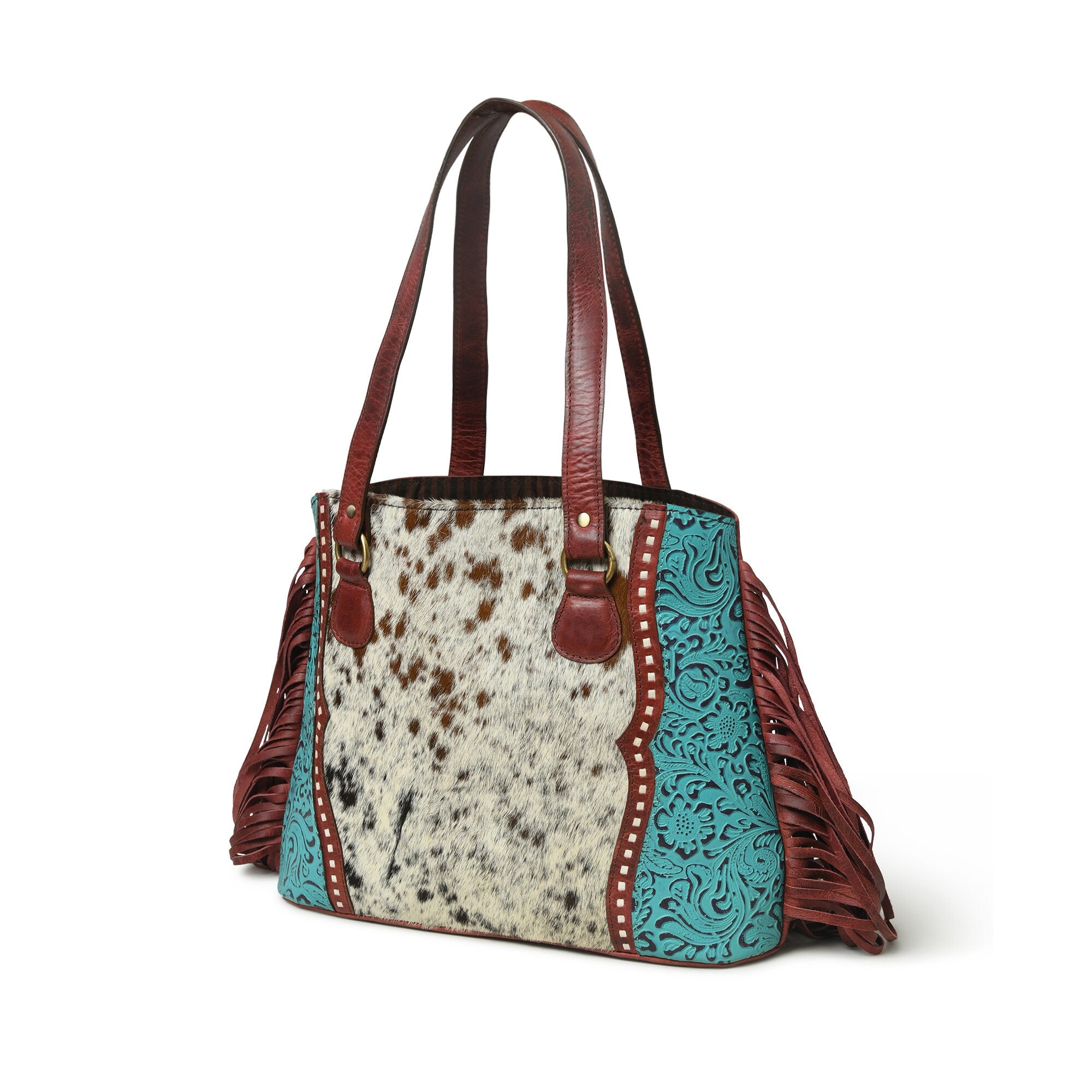 MOUSM Genuine Leather Tote Bag for Women – Western Style Hair-On Leather Front with Teal Embossed Flower Print on Soft Waxed Cherry Leather, Side Fringe & Rawhide Braiding, High-Quality Brass Zipper Closure