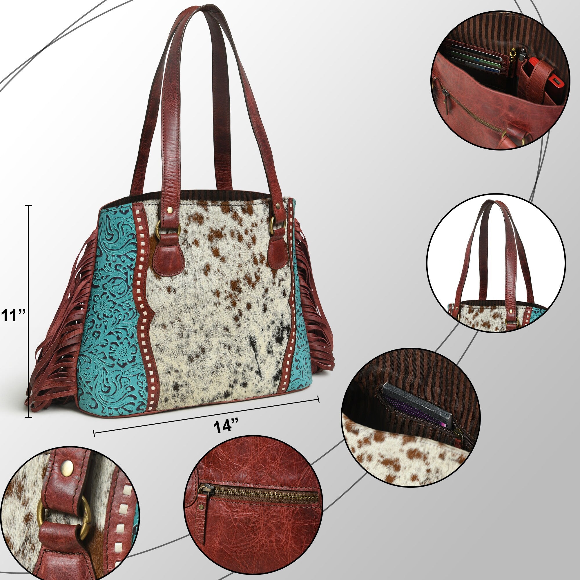 MOUSM Genuine Leather Tote Bag for Women – Western Style Hair-On Leather Front with Teal Embossed Flower Print on Soft Waxed Cherry Leather, Side Fringe & Rawhide Braiding, High-Quality Brass Zipper Closure