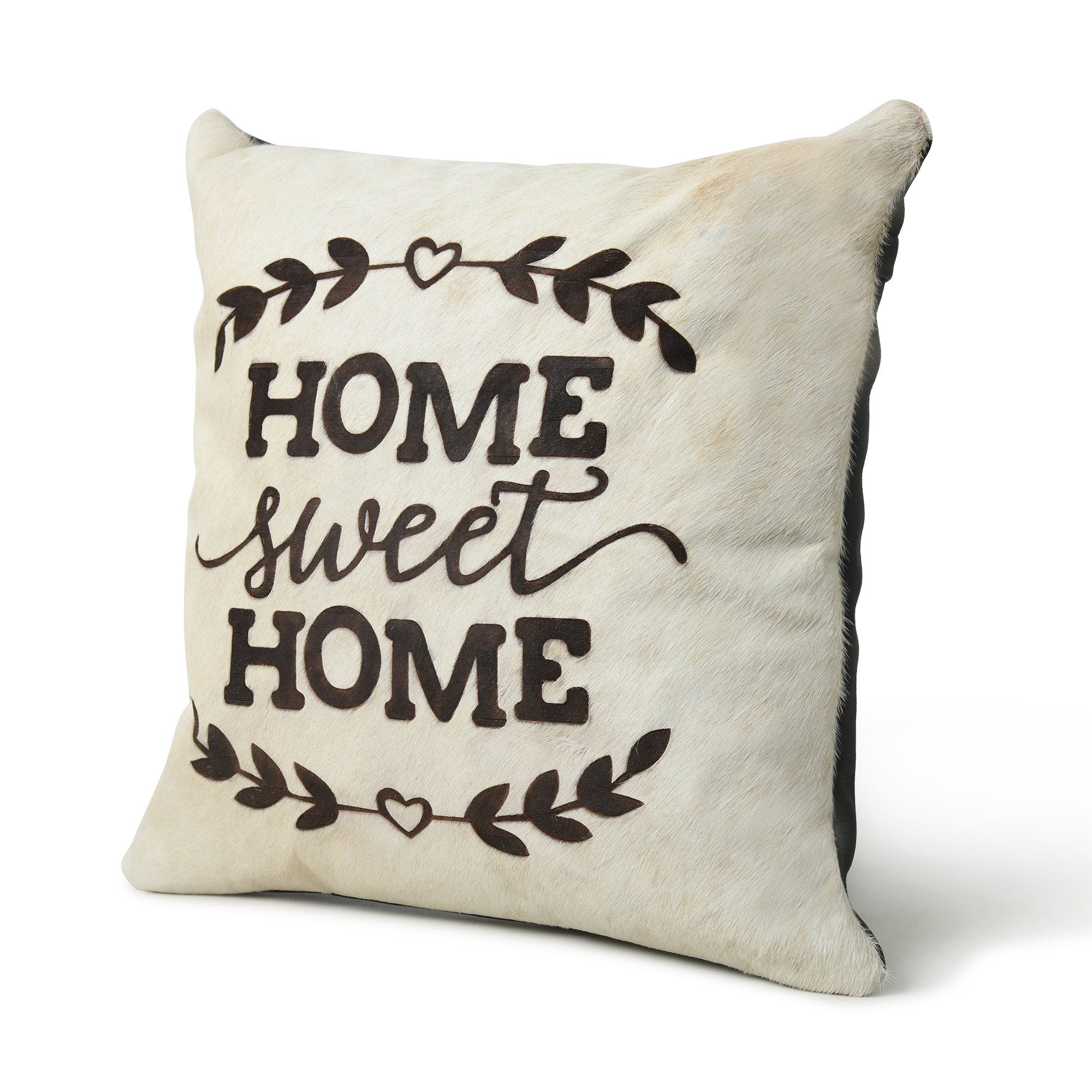 MOUSM Real Cowhide Leather Cushion Cover – 18x18 Inch Hair-On Decorative Pillow Cover with “Home Sweet Home” Quotation – Designer Throw Pillow Case for Sofa, Couch, Living Room & Bedroom