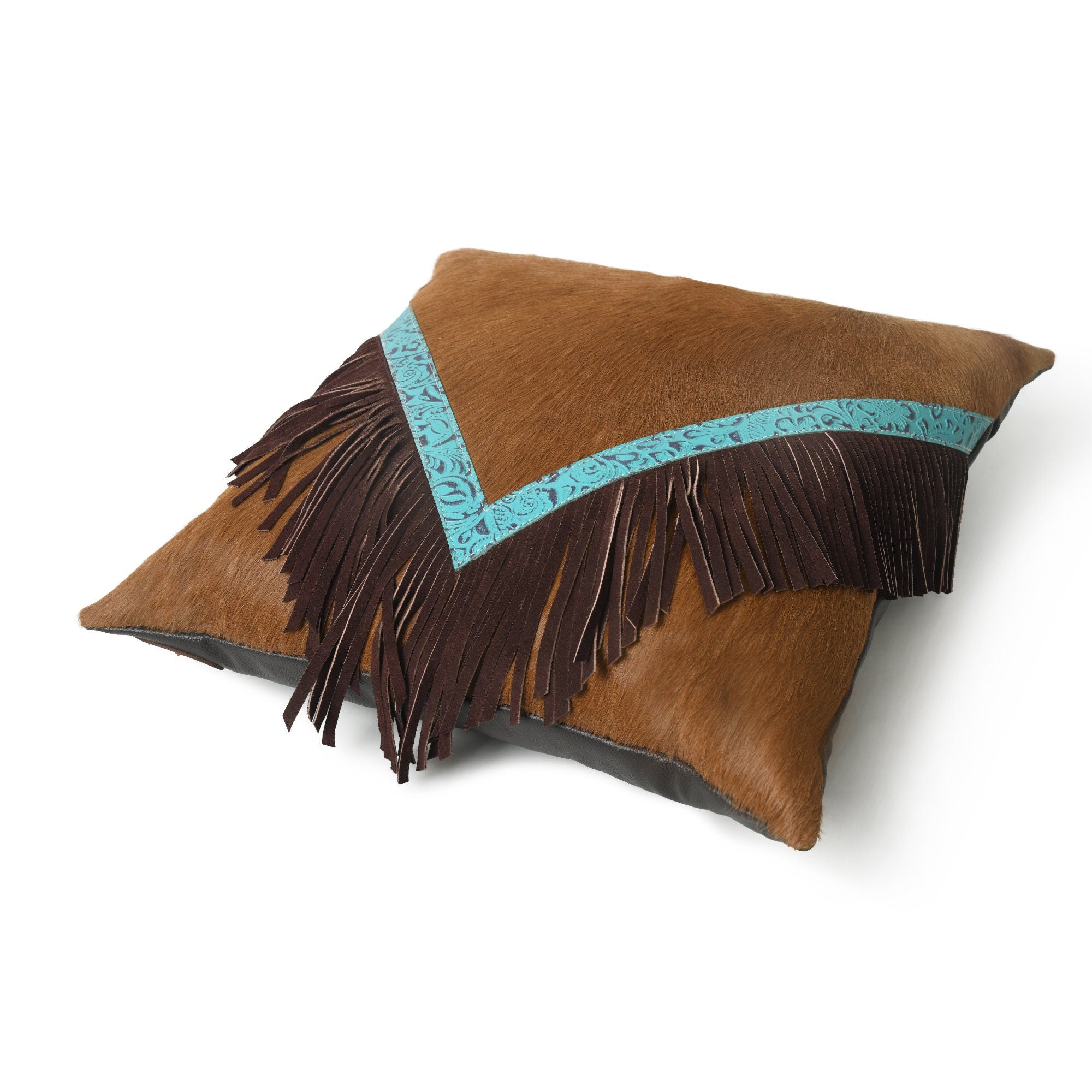 MOUSM Real Cowhide Leather Cushion Cover – 18x18 Inch Hair-On Decorative Pillow Cover with Brown Fringe – Designer Throw Pillow Case for Sofa, Couch, Living Room & Bedroom (Tan Brown)
