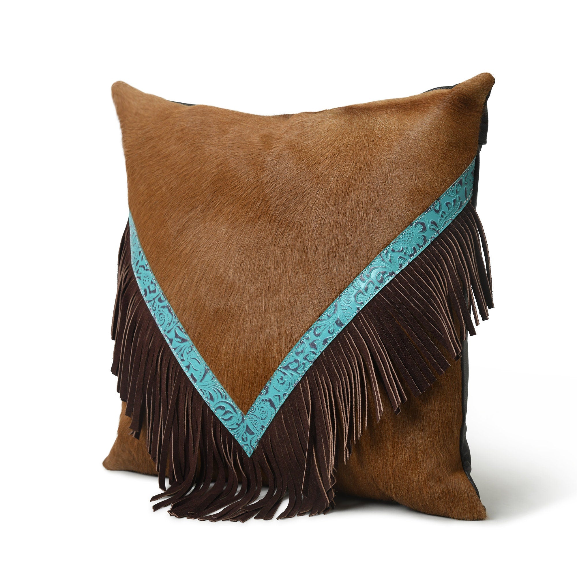 MOUSM Real Cowhide Leather Cushion Cover – 18x18 Inch Hair-On Decorative Pillow Cover with Brown Fringe – Designer Throw Pillow Case for Sofa, Couch, Living Room & Bedroom (Tan Brown)