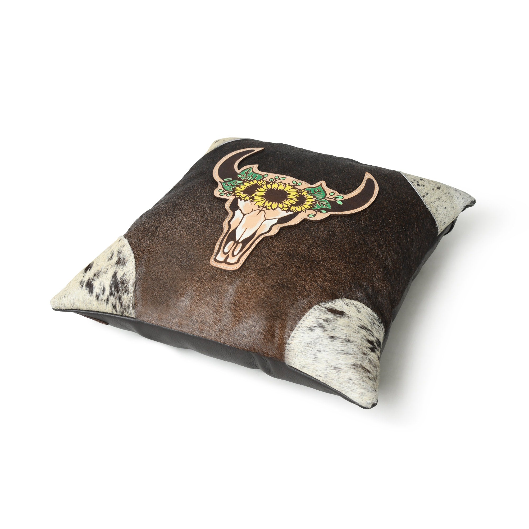 MOUSM Real Cowhide Leather Cushion Cover – 18x18 Inch Hair-On Decorative Pillow Cover with Bull Head Patch – Designer Throw Pillow Case for Sofa, Couch, Living Room & Bedroom (Brown)