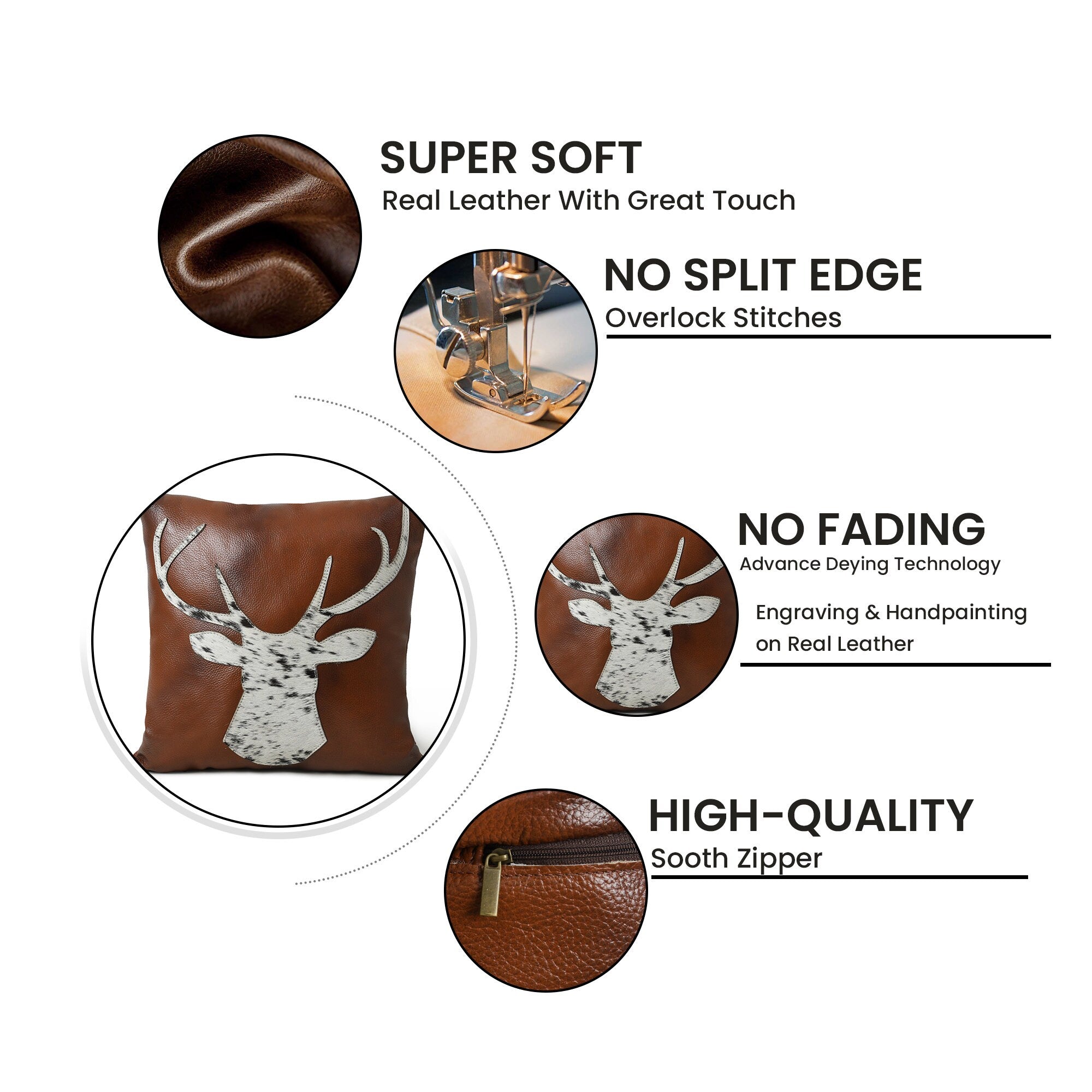MOUSM Real Cowhide Leather Cushion Cover – 18x18 Inch Decorative Pillow Cover with Engraved Hair-On Deer Patch – Designer Throw Pillow Case for Sofa, Couch, Living Room & Bedroom (Brown)