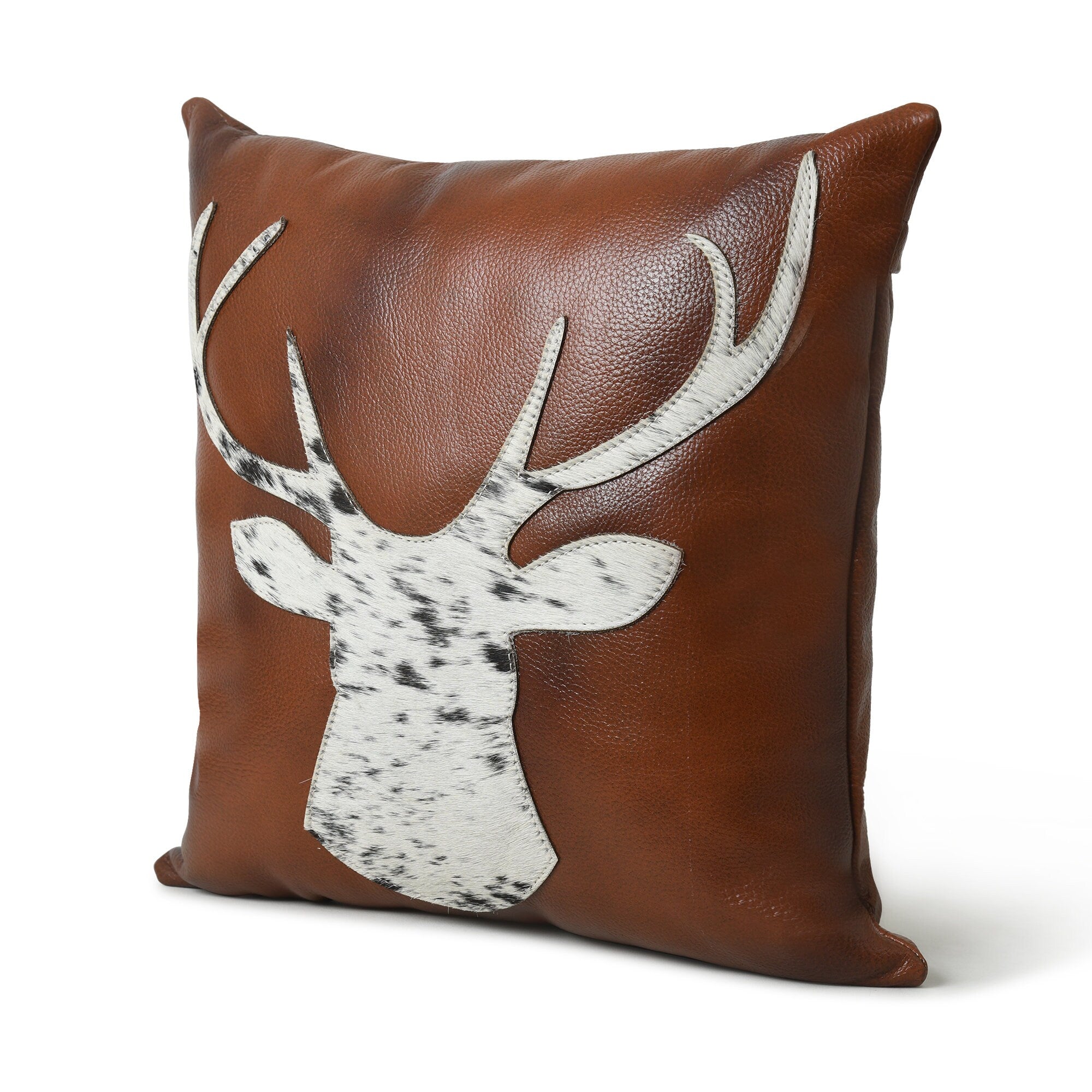 MOUSM Real Cowhide Leather Cushion Cover – 18x18 Inch Decorative Pillow Cover with Engraved Hair-On Deer Patch – Designer Throw Pillow Case for Sofa, Couch, Living Room & Bedroom (Brown)