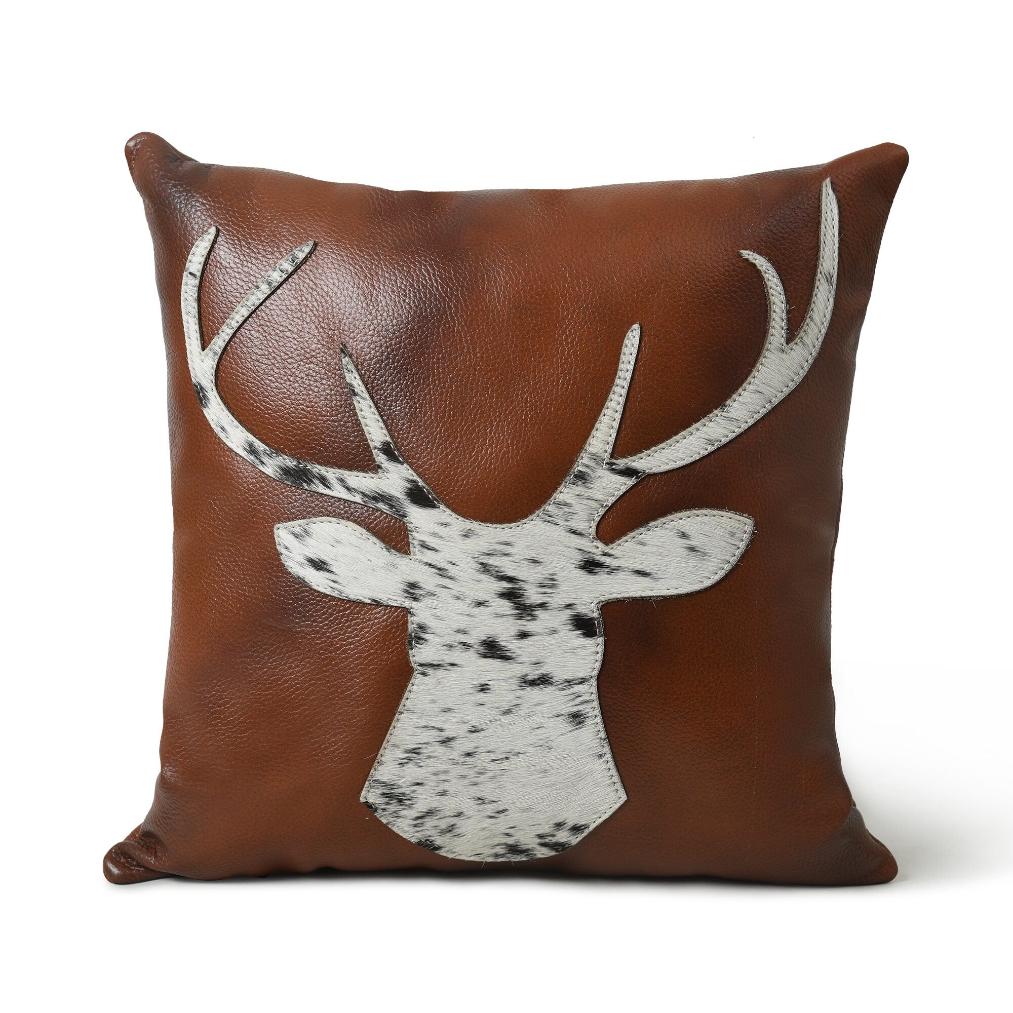 MOUSM Real Cowhide Leather Cushion Cover – 18x18 Inch Decorative Pillow Cover with Engraved Hair-On Deer Patch – Designer Throw Pillow Case for Sofa, Couch, Living Room & Bedroom (Brown)
