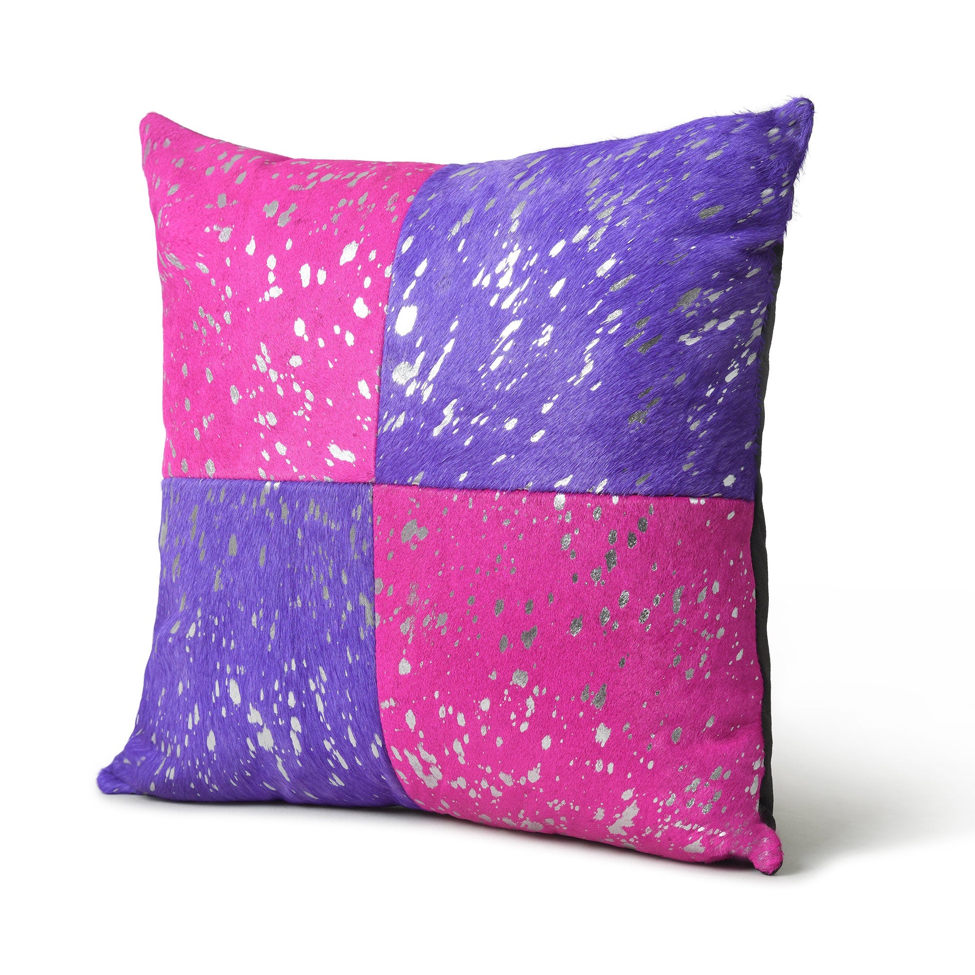 MOUSM Real Cowhide Leather Cushion Cover – 18x18 Inch Hair-On Decorative Pillow Cover with Two Cross Shades and Silver Metallic Acid Wash – Designer Throw Pillow Case for Sofa, Couch, Living Room & Bedroom