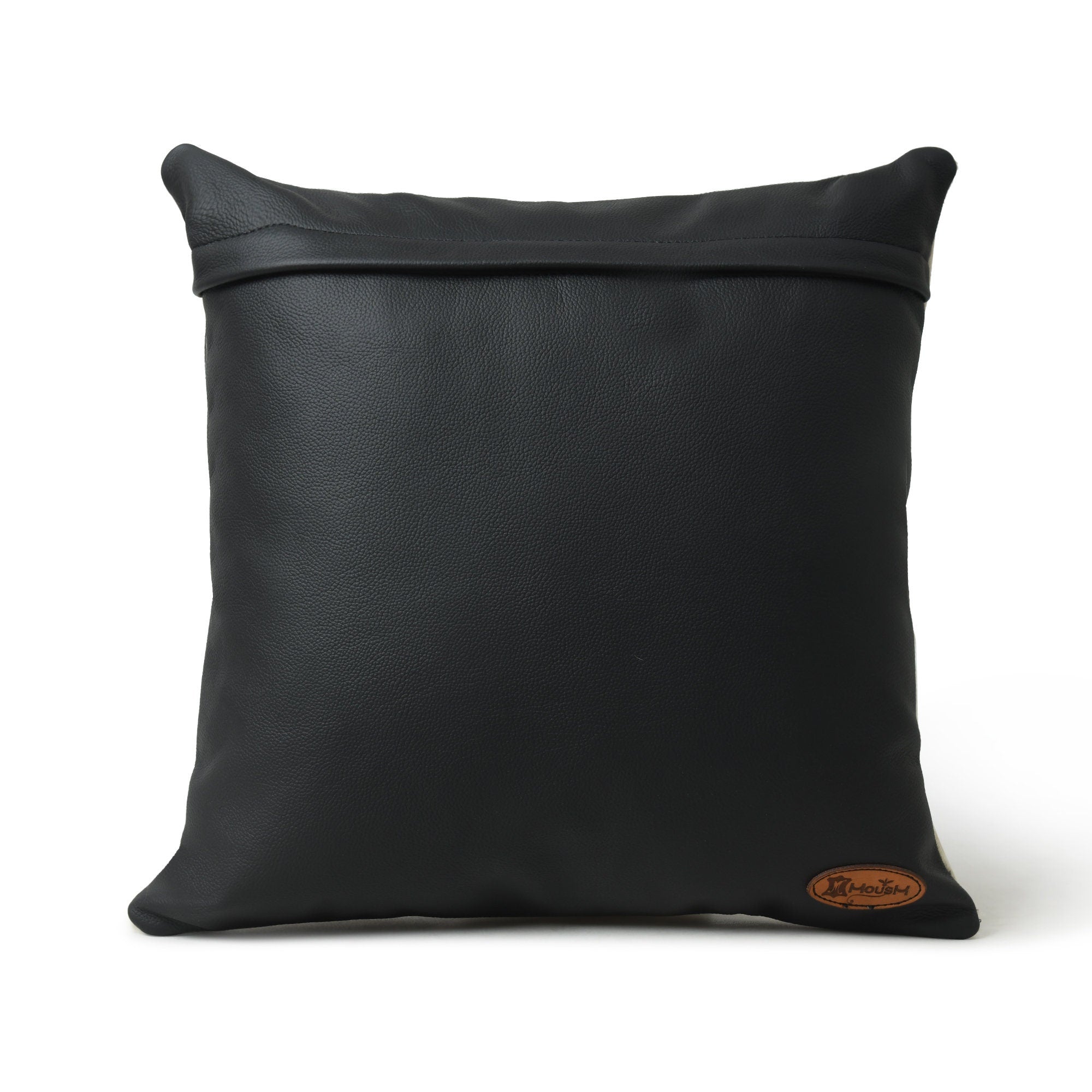 MOUSM Real Cowhide Leather Cushion Cover – 18x18 Inch Decorative Throw Pillow Cover with White Engraved Hair On Cross Wing Patch – Designer Leather Cushion Cover for Sofa, Couch, Living Room & Bedroom