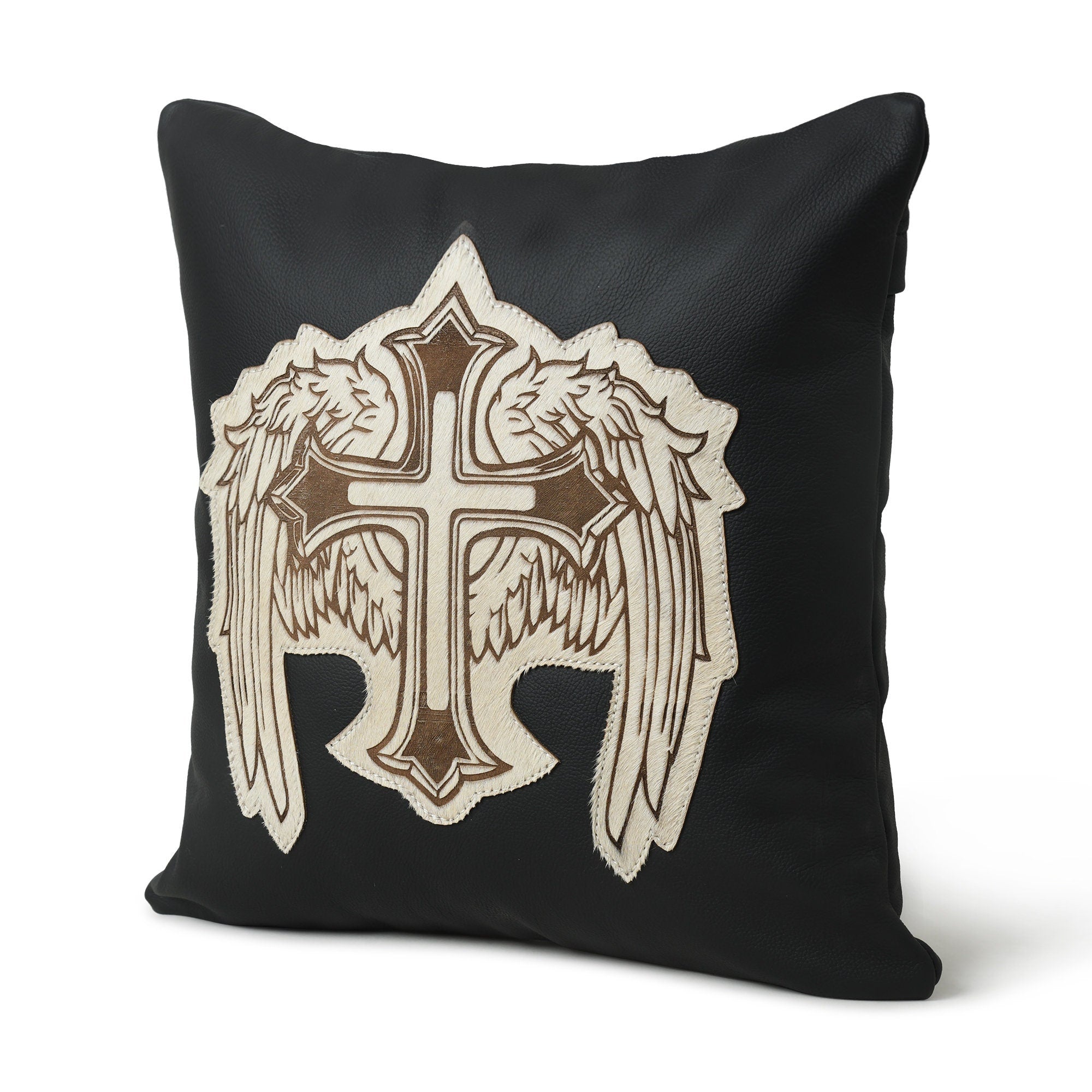 MOUSM Real Cowhide Leather Cushion Cover – 18x18 Inch Decorative Throw Pillow Cover with White Engraved Hair On Cross Wing Patch – Designer Leather Cushion Cover for Sofa, Couch, Living Room & Bedroom
