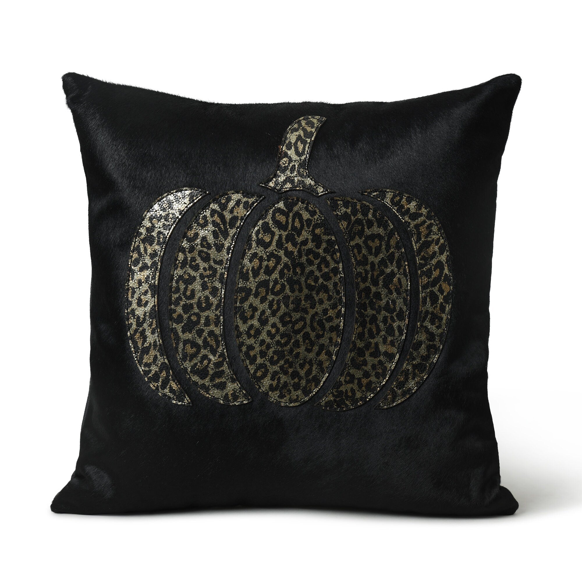 MOUSM Real Cowhide Leather Cushion Cover – 18x18 Inch Hair-On Decorative Pillow Cover with Holographic Leopard Print Pumpkin Design – Designer Throw Pillow Case for Sofa, Couch, Living Room & Bedroom (Black)
