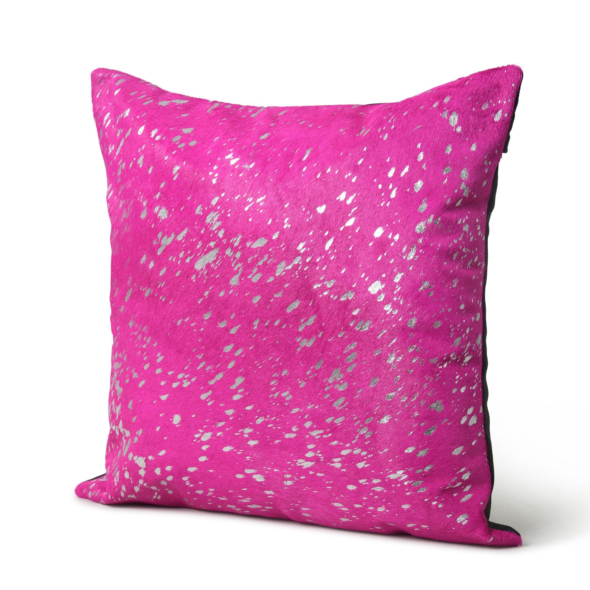 MOUSM Real Cowhide Leather Cushion Cover – 18x18 Inch Hair-On Decorative Pillow Cover with Metallic Spots – Designer Throw Pillow Case for Sofa, Couch, Living Room & Bedroom (Pink, Purple)