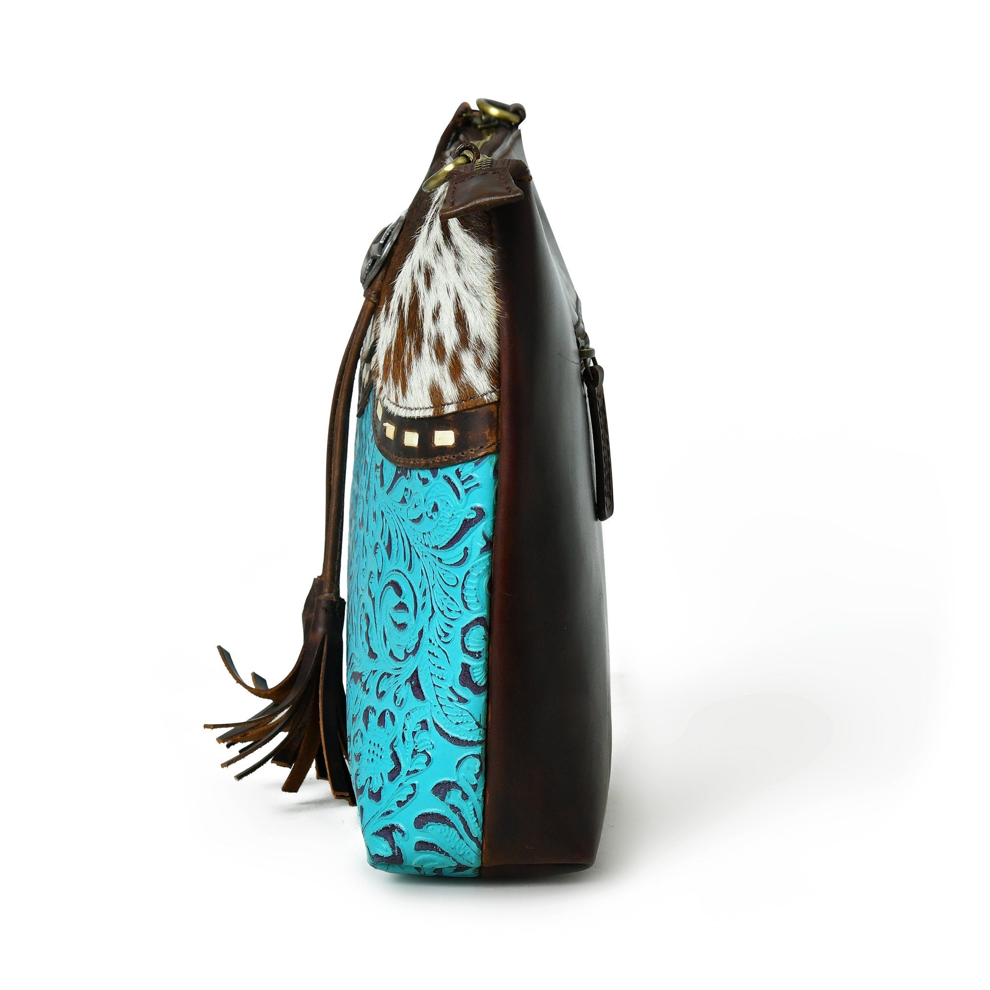 MOUSM Genuine Cow Leather Crossbody Bag - Real Hair-On Cow Hide Patch, Flower Embossed Turquoise Design, High-Quality Zipper Closure with Removable and Adjustable Strap