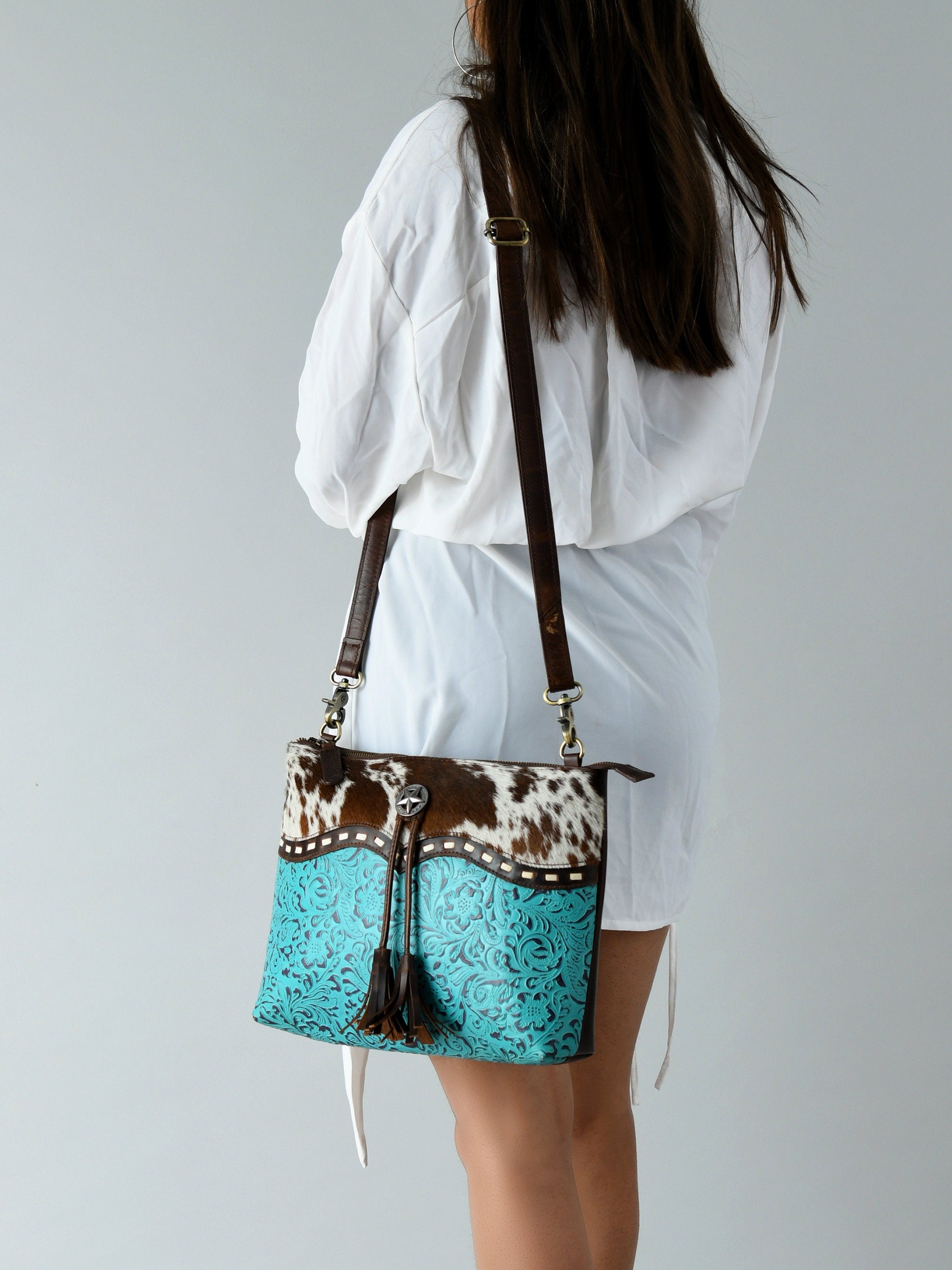 MOUSM Genuine Cow Leather Crossbody Bag - Real Hair-On Cow Hide Patch, Flower Embossed Turquoise Design, High-Quality Zipper Closure with Removable and Adjustable Strap