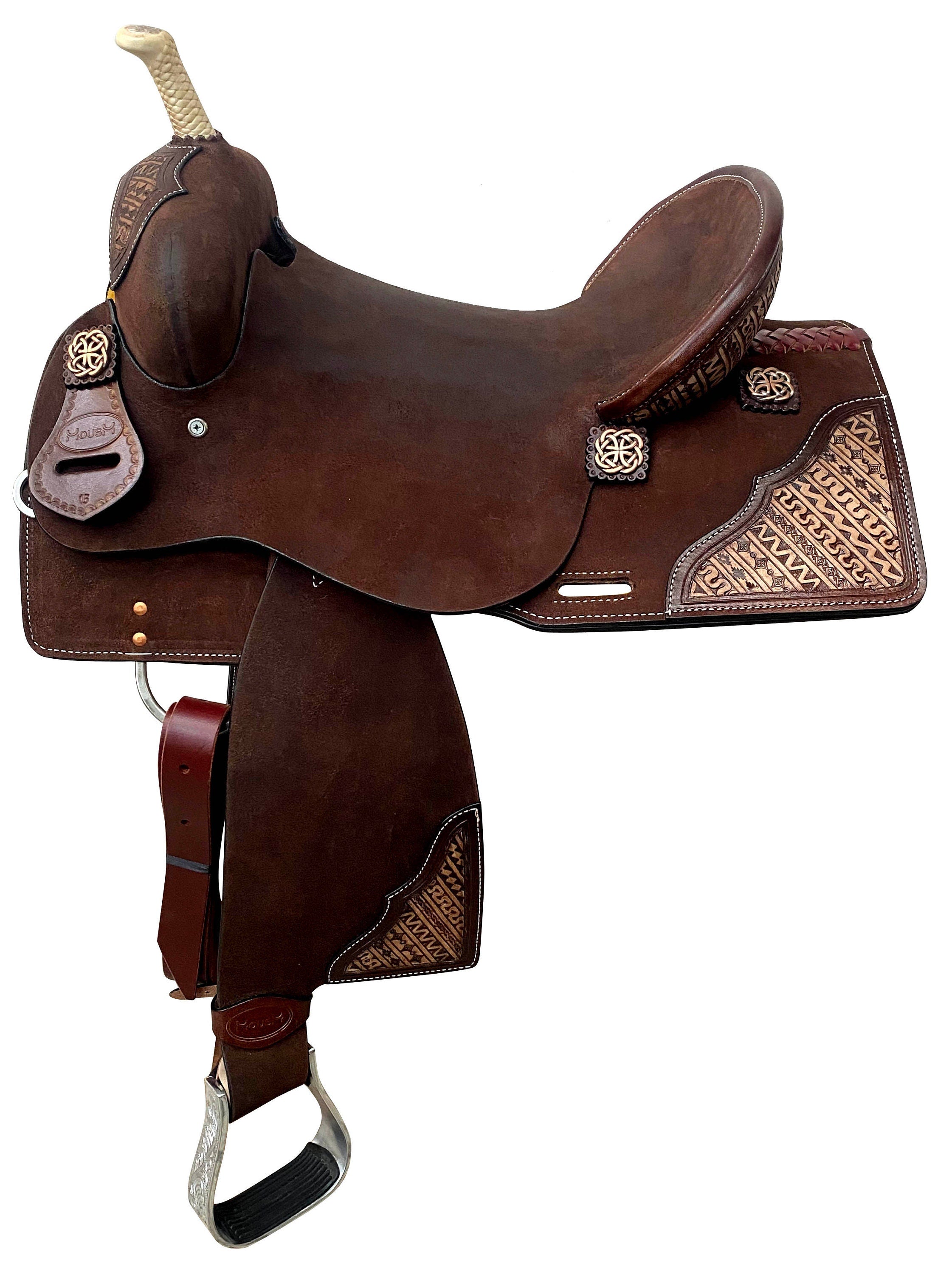 MOUSM Western Saddle for Horses – Handcrafted Leather Single Barrel Saddle Built on a Rawhide-Covered Fiber Tree with Fancy Conchos, Seat Size: 13"–17" Inches