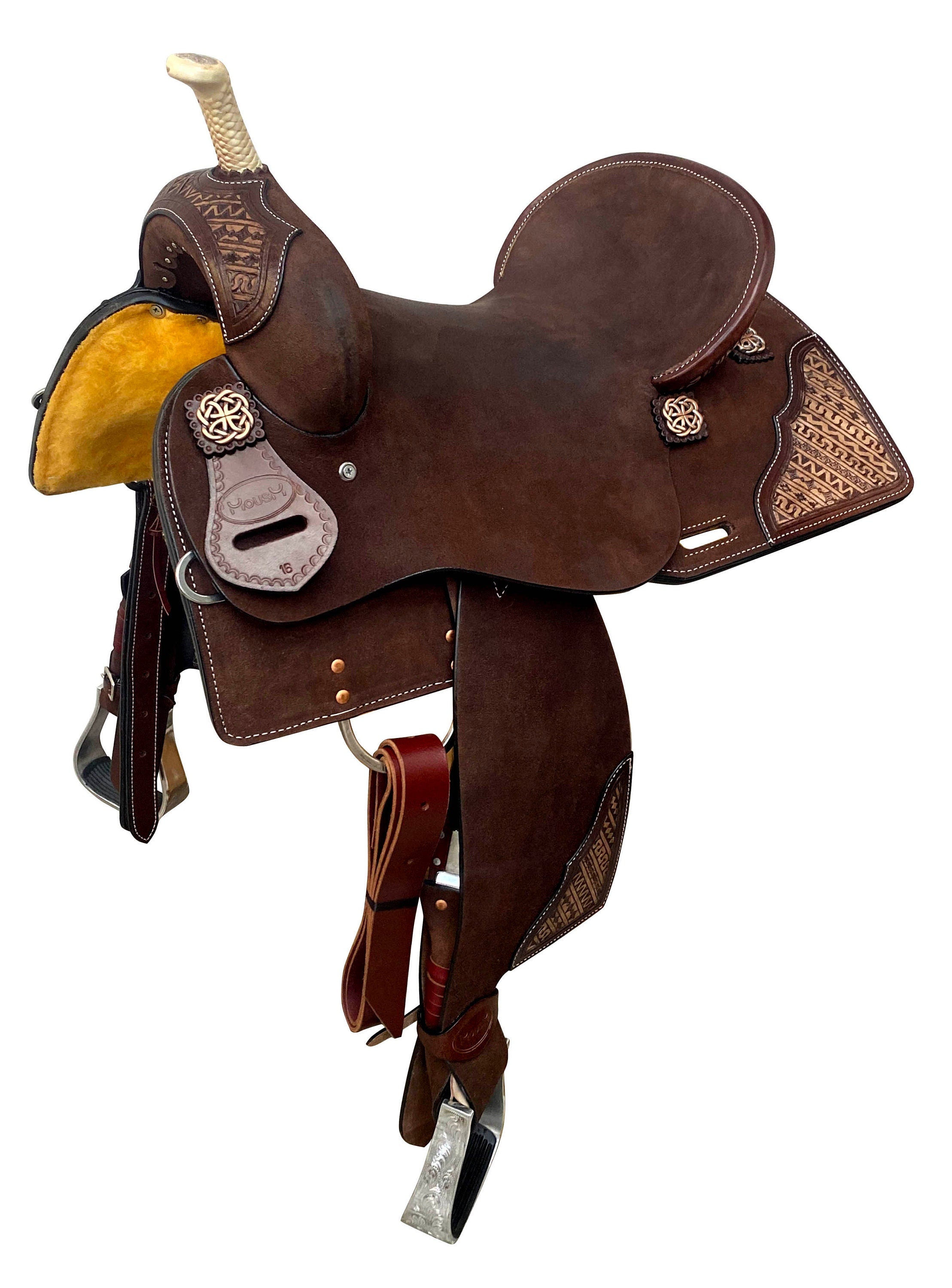 MOUSM Western Saddle for Horses – Handcrafted Leather Single Barrel Saddle Built on a Rawhide-Covered Fiber Tree with Fancy Conchos, Seat Size: 13"–17" Inches