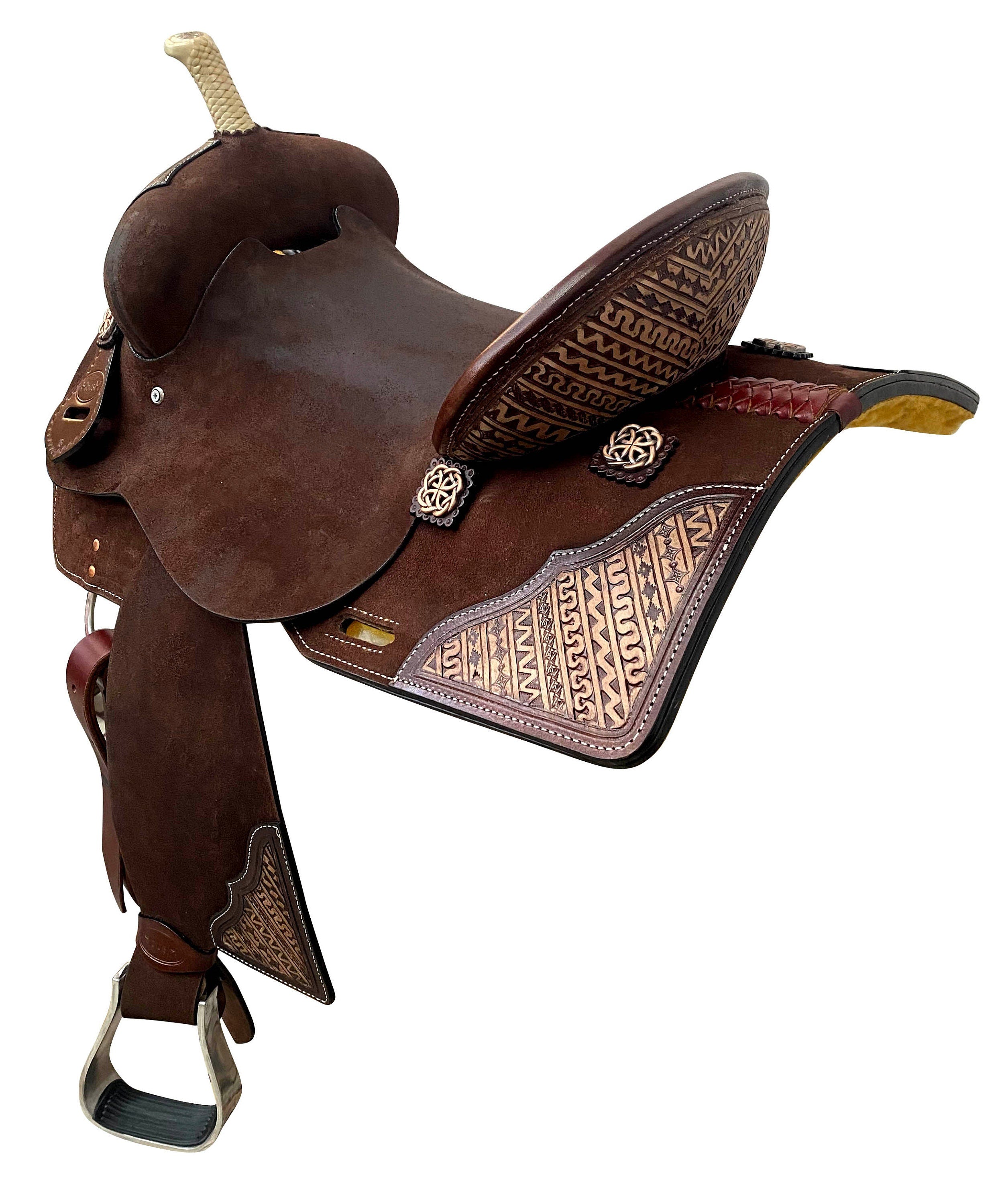 MOUSM Western Saddle for Horses – Handcrafted Leather Single Barrel Saddle Built on a Rawhide-Covered Fiber Tree with Fancy Conchos, Seat Size: 13"–17" Inches