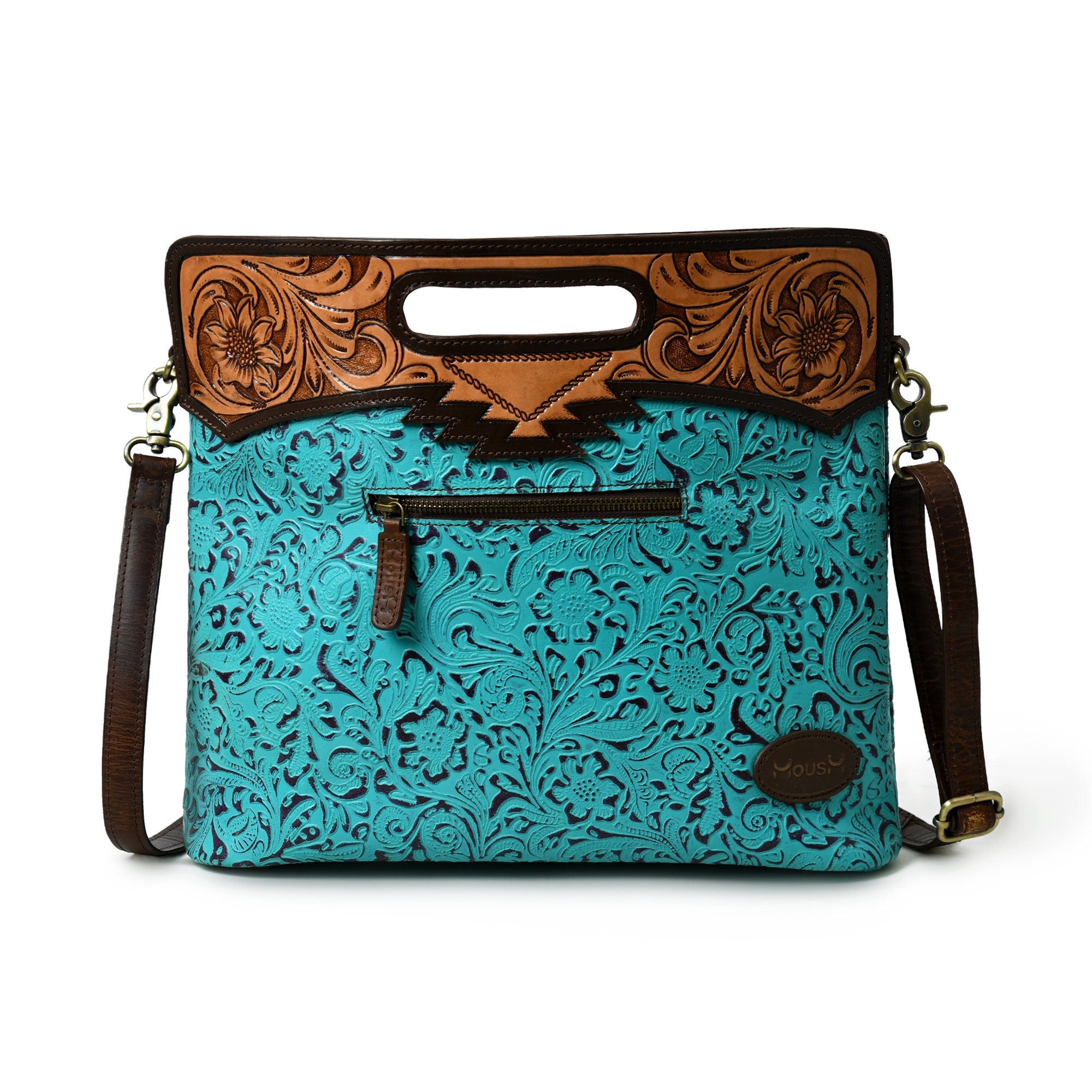 MOUSM Genuine Cow Leather Crossbody Bag - Decorated with Hand-Tooled Floral Carving Leather Handle, Flower Embossed Turquoise Design, High-Quality Zipper Closure with Removable and Adjustable Strap