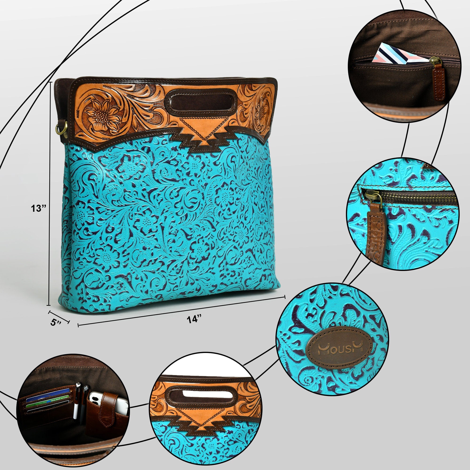 MOUSM Genuine Cow Leather Crossbody Bag - Decorated with Hand-Tooled Floral Carving Leather Handle, Flower Embossed Turquoise Design, High-Quality Zipper Closure with Removable and Adjustable Strap