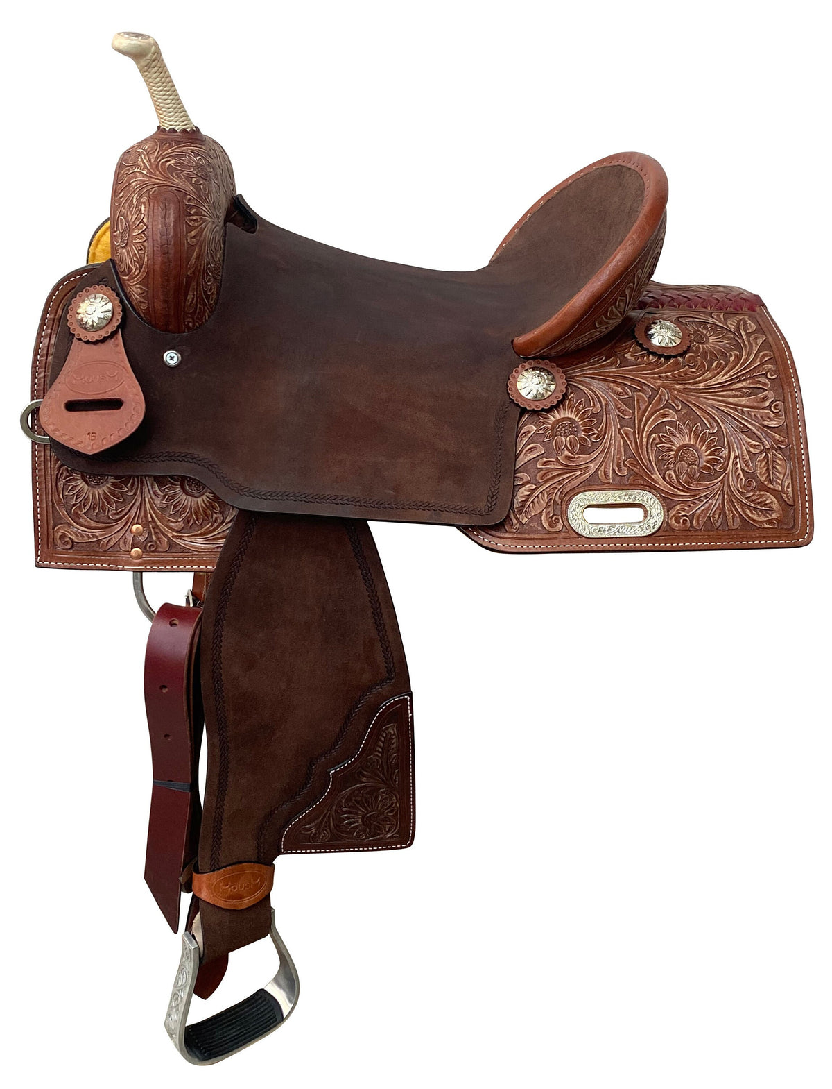 MOUSM Western Horse Saddle – Handcrafted Barrel Saddle Built on a Rawhide-Covered Fiber Tree with Hand-Tooled Sunflower Design & Fancy Conchos, Seat Sizes: 13"–17" Inches