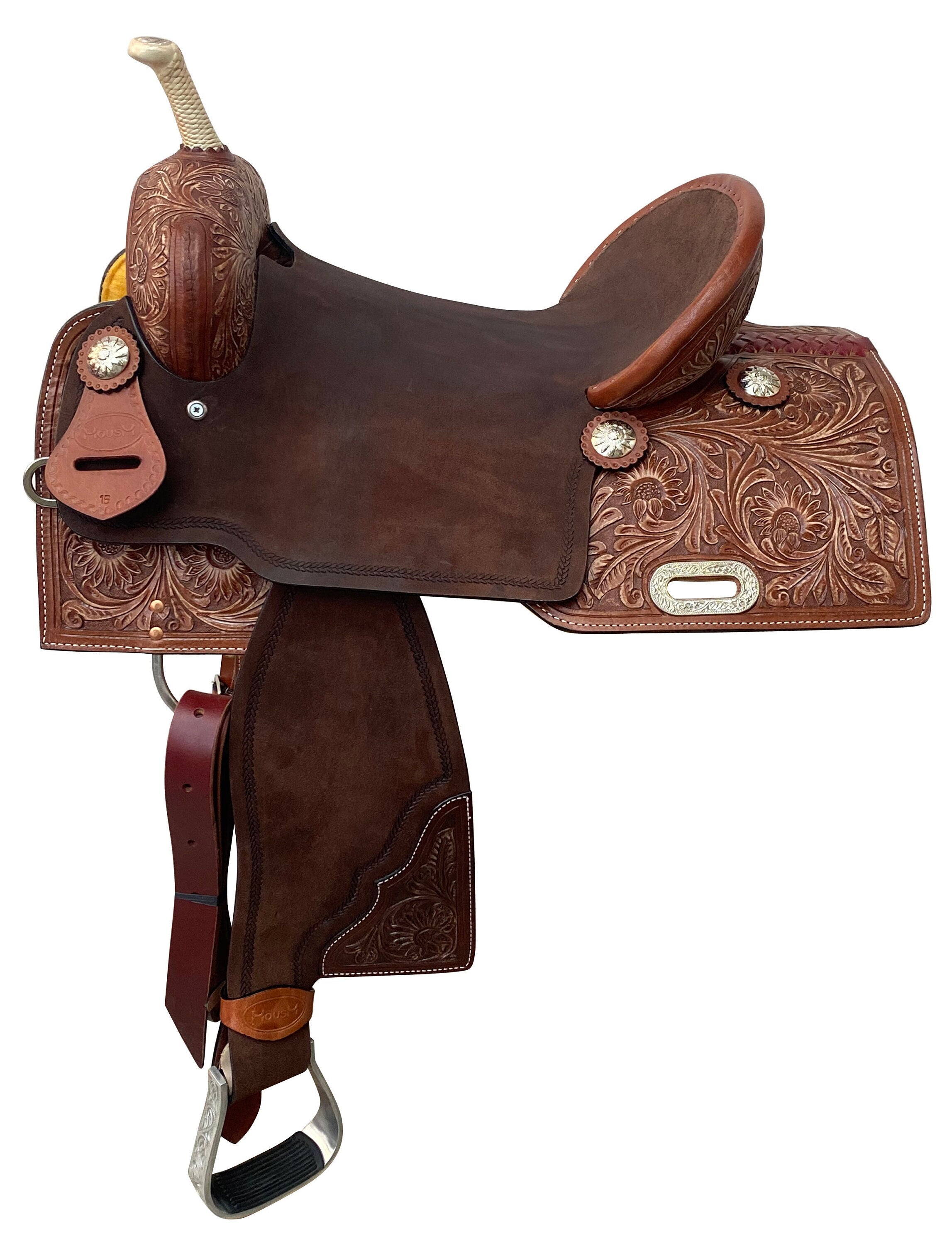 MOUSM Western Horse Saddle – Handcrafted Barrel Saddle Built on a Rawhide-Covered Fiber Tree with Hand-Tooled Sunflower Design & Fancy Conchos, Seat Sizes: 13"–17" Inches