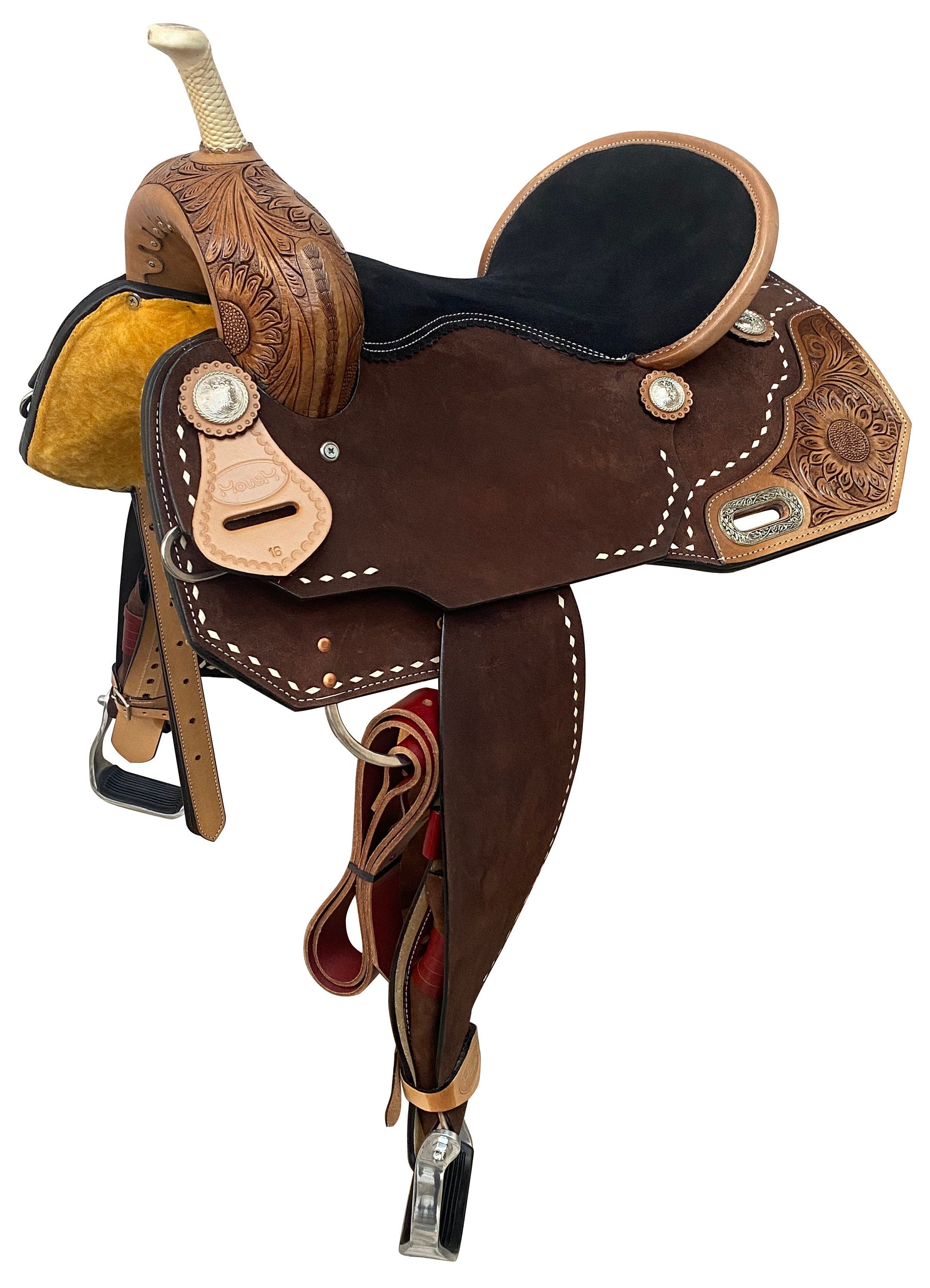 MOUSM Western Saddle - Hand-Tooled Sunflower Single Barrel Saddle Built on Rawhide Covered Fiber Tree with Fancy Concho, Seat Size: 13"-17" Inches