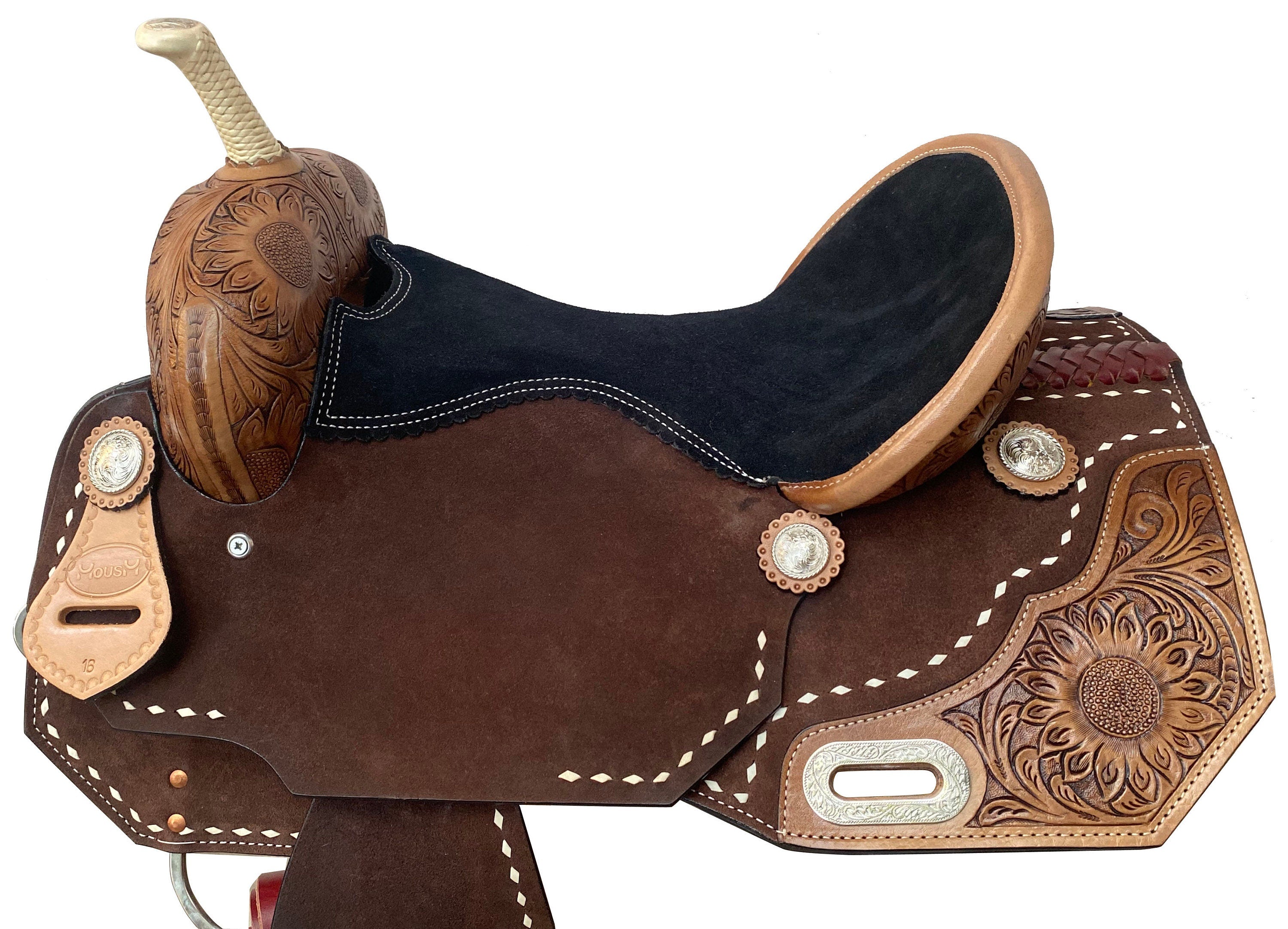 MOUSM Western Saddle - Hand-Tooled Sunflower Single Barrel Saddle Built on Rawhide Covered Fiber Tree with Fancy Concho, Seat Size: 13"-17" Inches