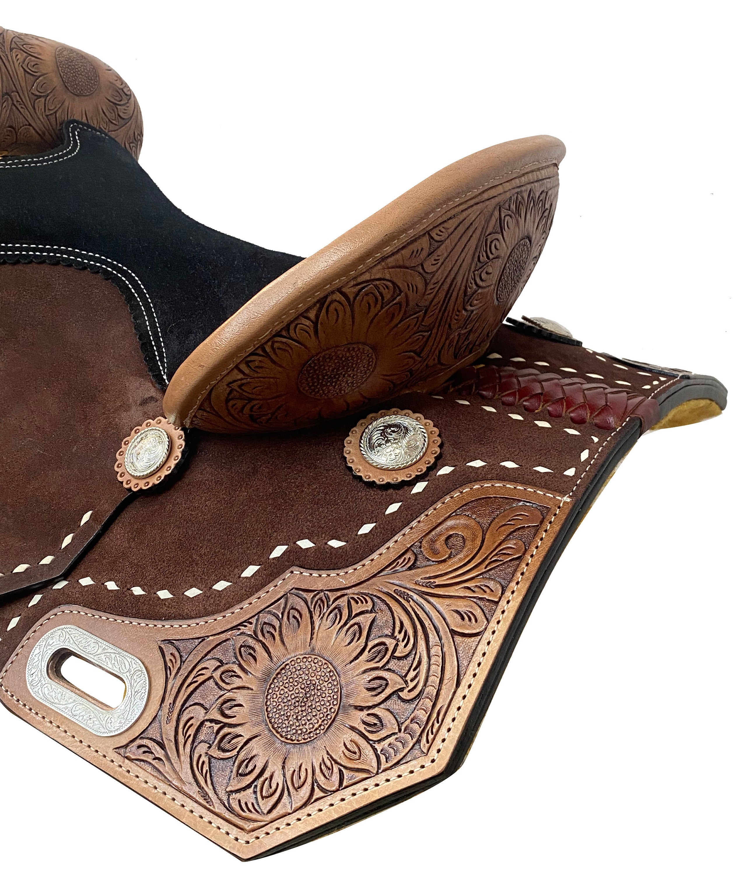 MOUSM Western Saddle - Hand-Tooled Sunflower Single Barrel Saddle Built on Rawhide Covered Fiber Tree with Fancy Concho, Seat Size: 13"-17" Inches