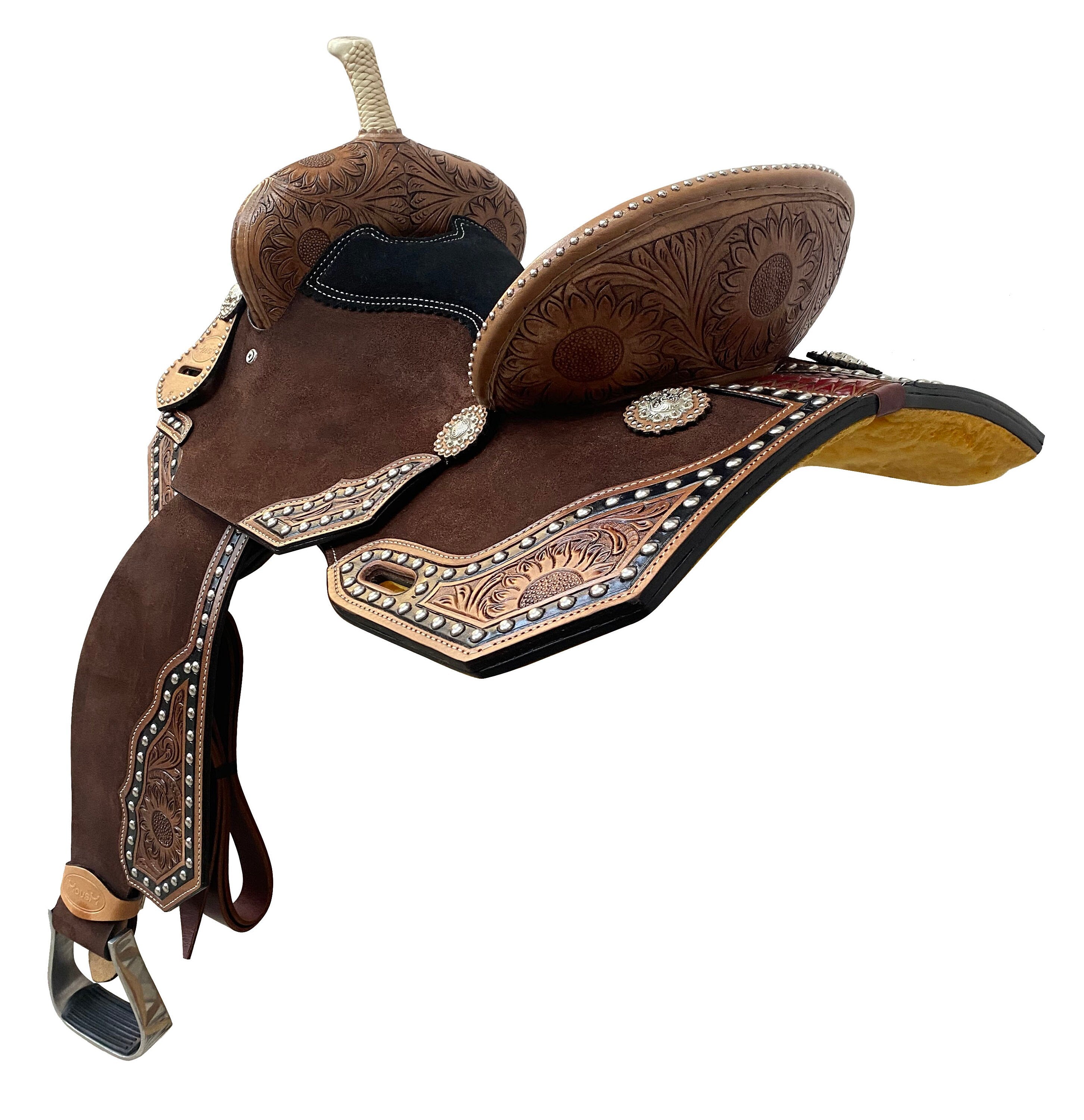 MOUSM Western Horse Saddle - Handcrafted with Tooling and Surrounded by Studs and Fancy Conchos, Barrel Saddle Built on a Rawhide-Covered Fiber Tree, Seat Size: 13"-17" Inches