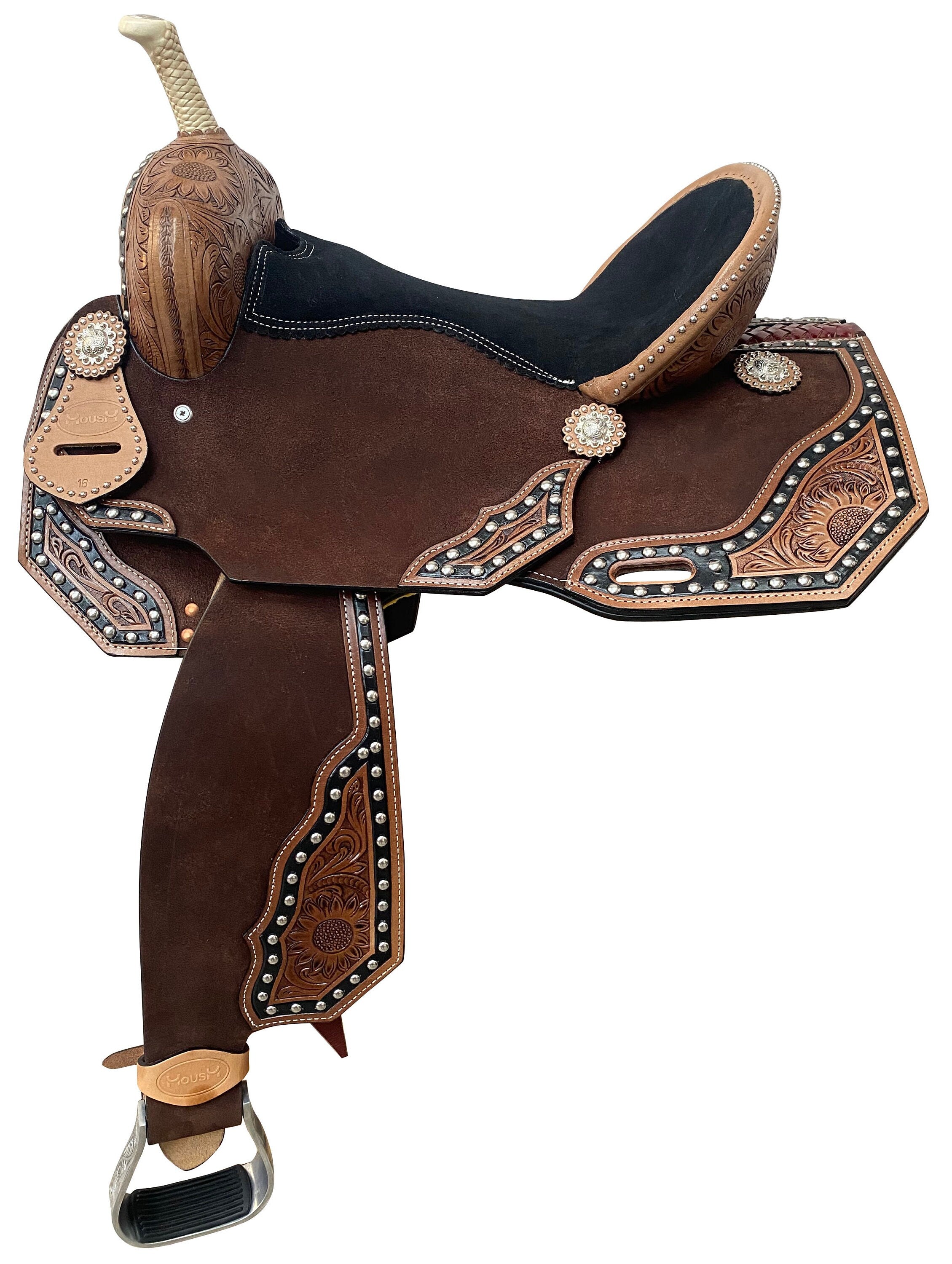 MOUSM Western Horse Saddle - Handcrafted with Tooling and Surrounded by Studs and Fancy Conchos, Barrel Saddle Built on a Rawhide-Covered Fiber Tree, Seat Size: 13"-17" Inches