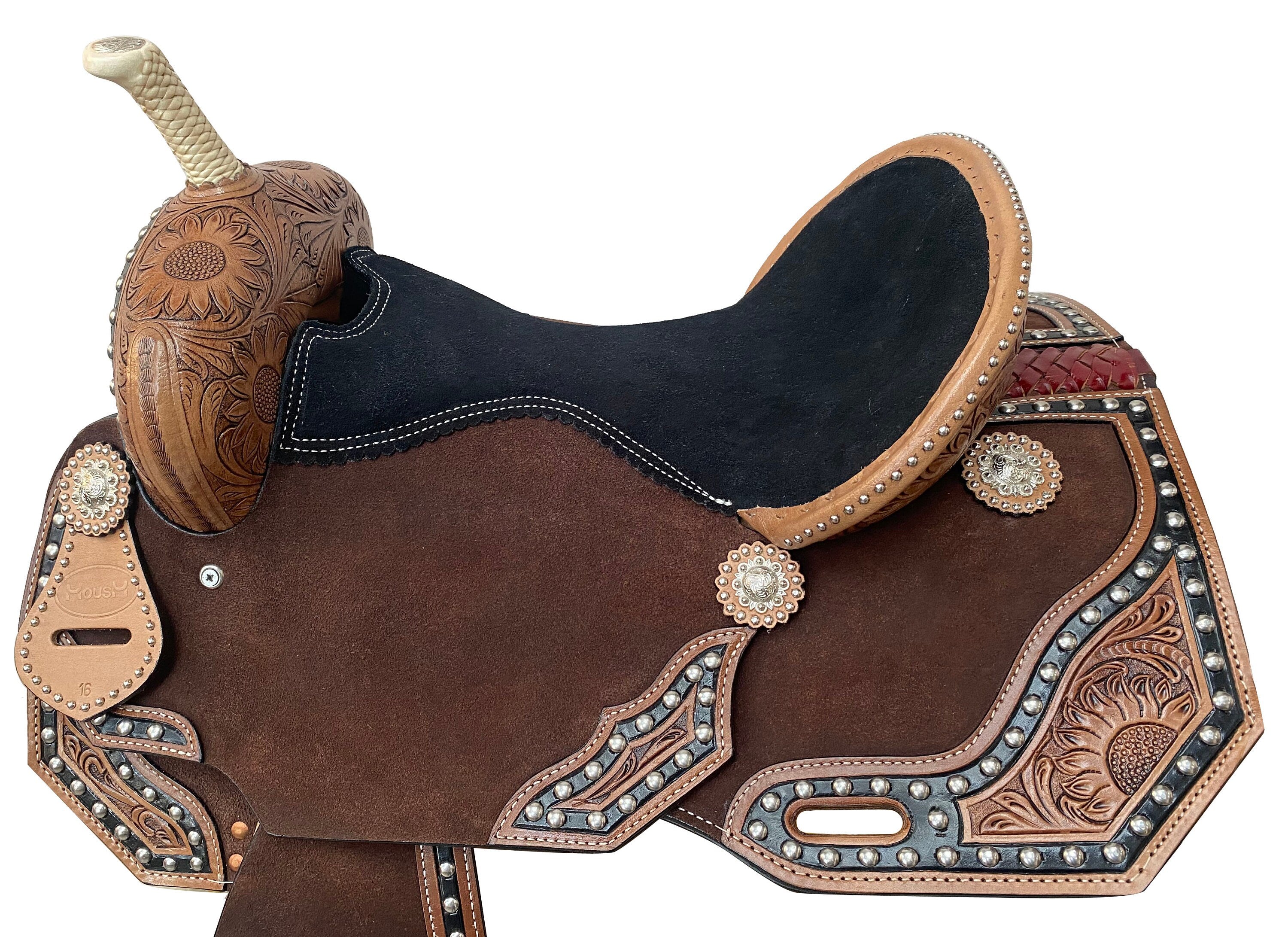 MOUSM Western Horse Saddle - Handcrafted with Tooling and Surrounded by Studs and Fancy Conchos, Barrel Saddle Built on a Rawhide-Covered Fiber Tree, Seat Size: 13"-17" Inches