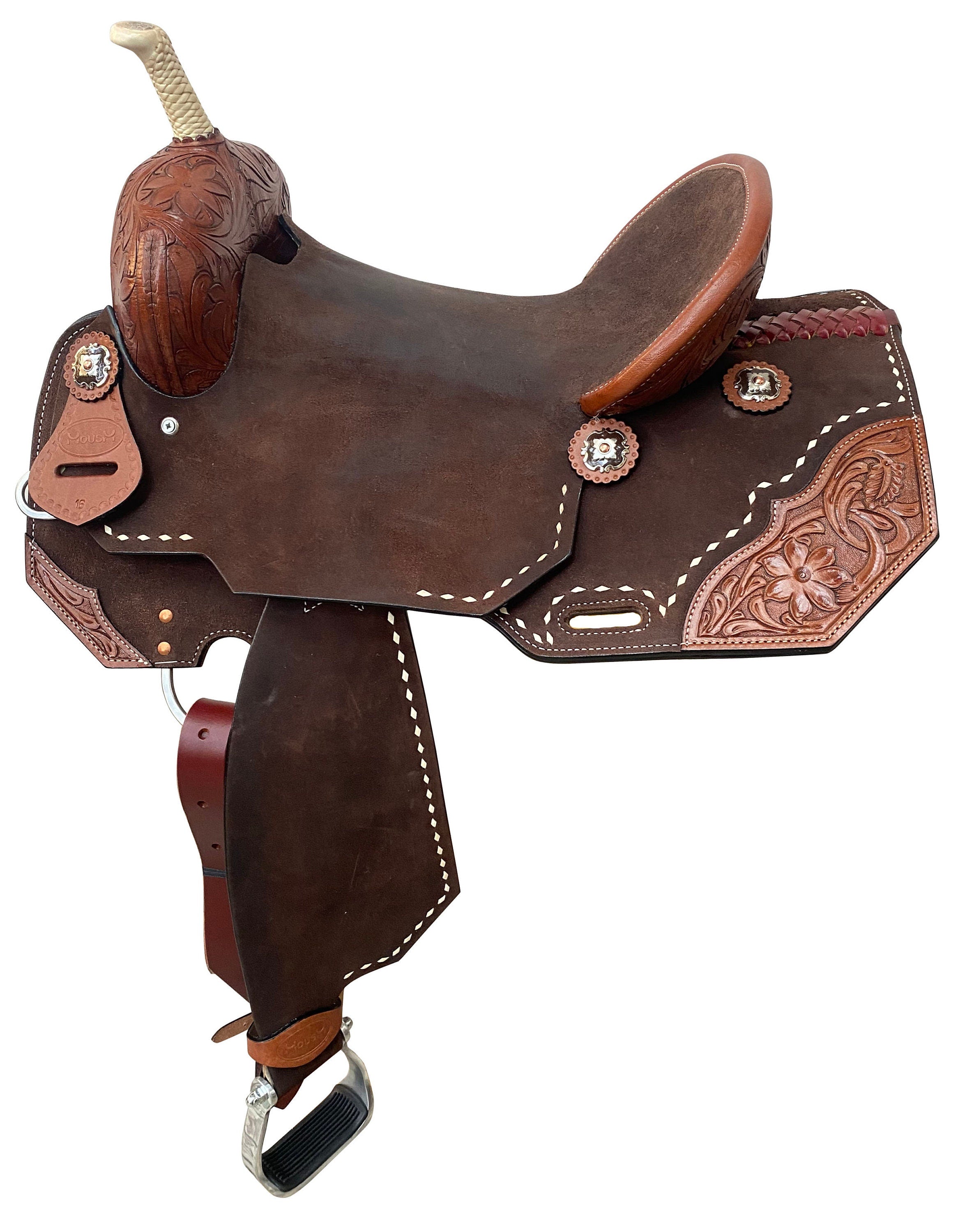 Western Saddle – Handcrafted Genuine Leather Barrel Saddle with Hand-Tooled Sunflower Corners, Built on Rawhide-Covered Fiber Tree with Fancy Conchos, Seat Size: 13"–17" Inches