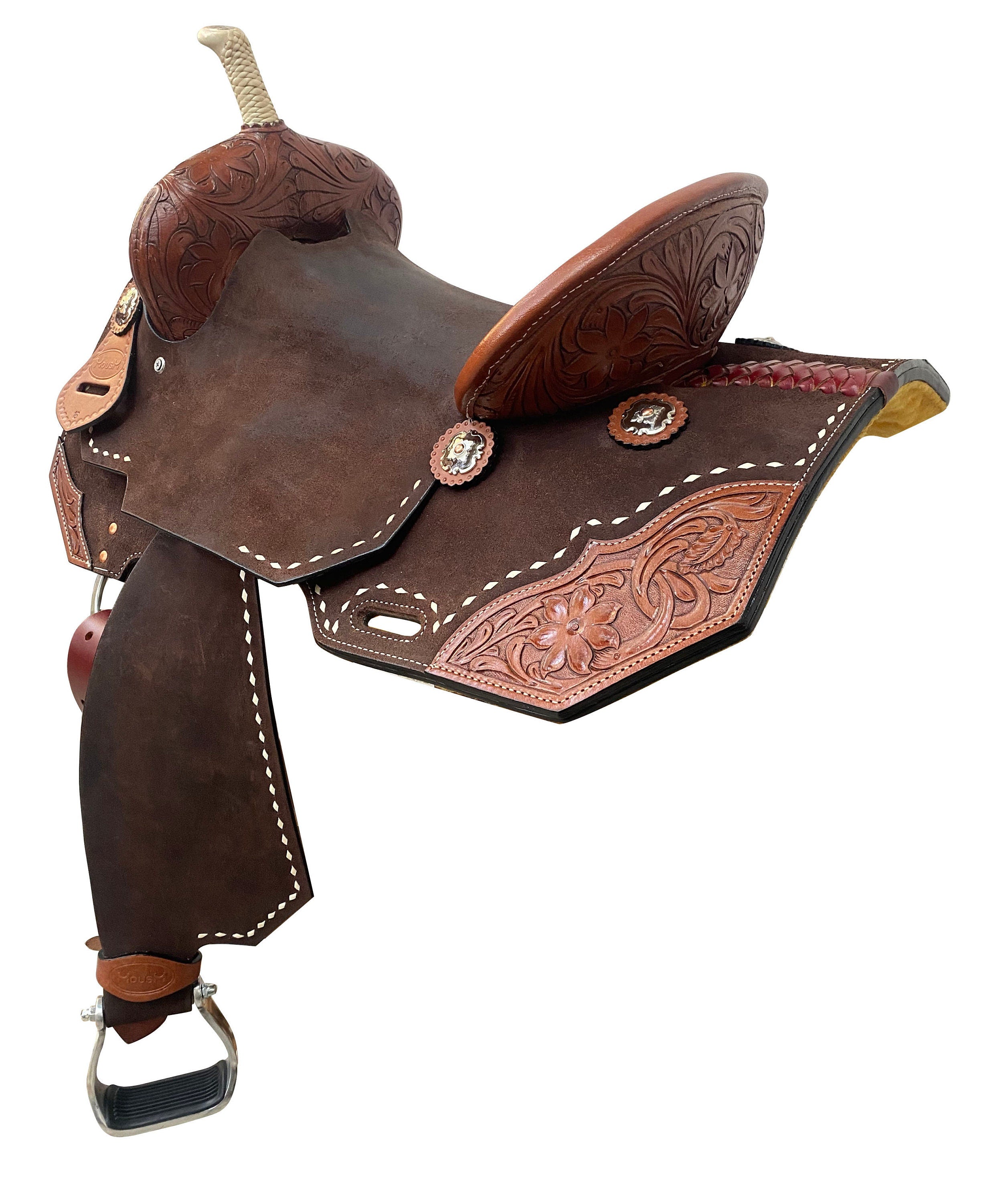 Western Saddle – Handcrafted Genuine Leather Barrel Saddle with Hand-Tooled Sunflower Corners, Built on Rawhide-Covered Fiber Tree with Fancy Conchos, Seat Size: 13"–17" Inches