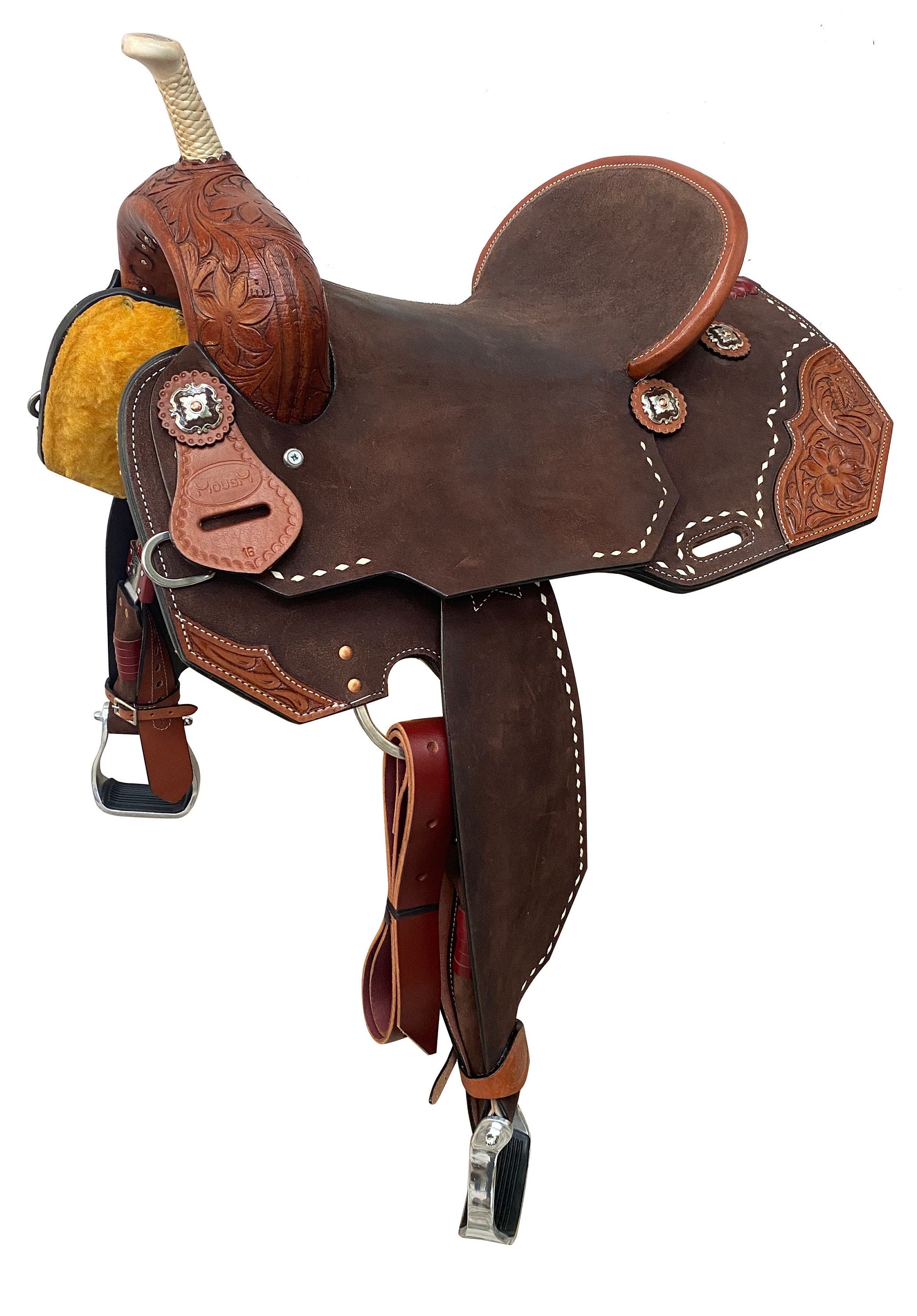 Western Saddle – Handcrafted Genuine Leather Barrel Saddle with Hand-Tooled Sunflower Corners, Built on Rawhide-Covered Fiber Tree with Fancy Conchos, Seat Size: 13"–17" Inches