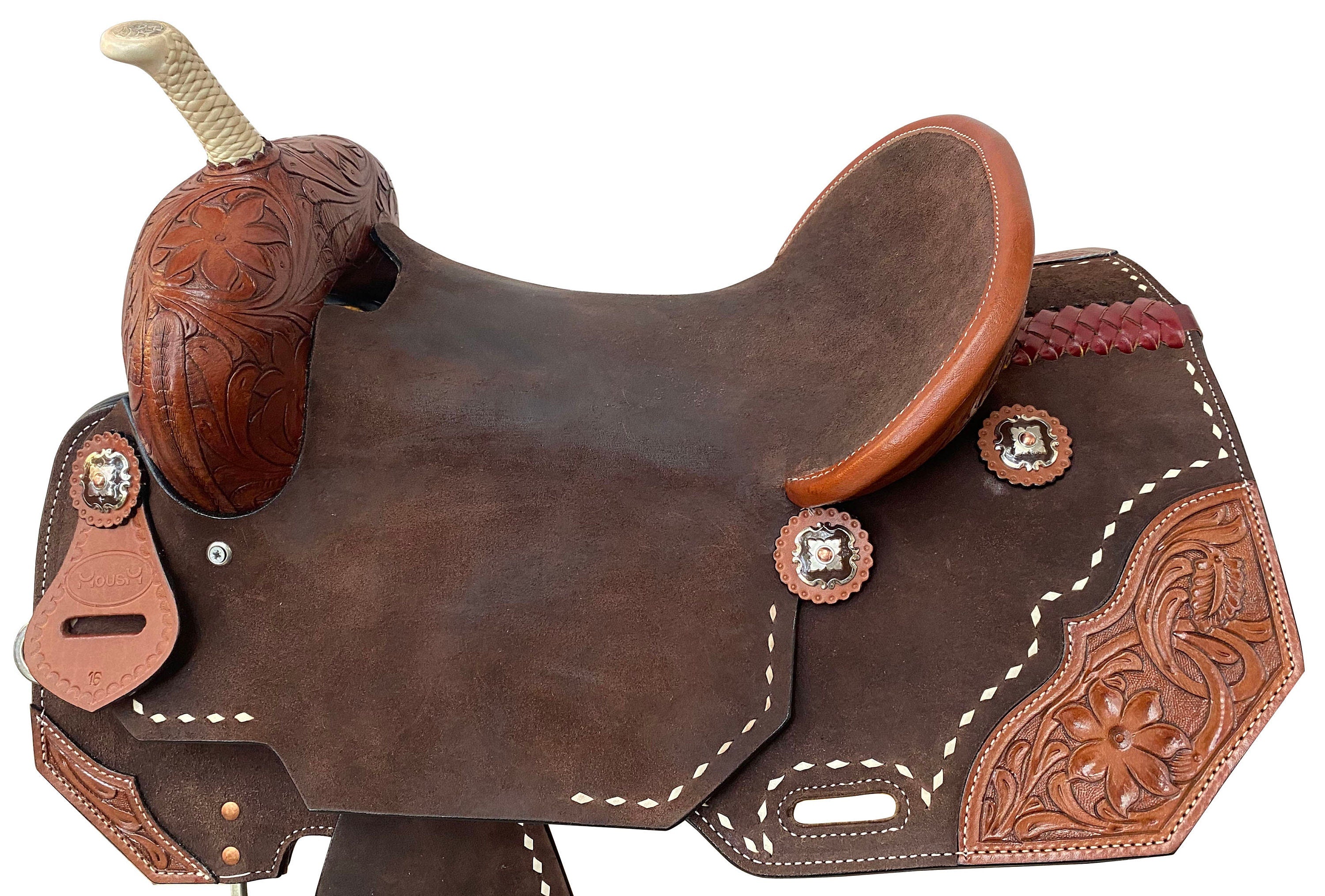 Western Saddle – Handcrafted Genuine Leather Barrel Saddle with Hand-Tooled Sunflower Corners, Built on Rawhide-Covered Fiber Tree with Fancy Conchos, Seat Size: 13"–17" Inches