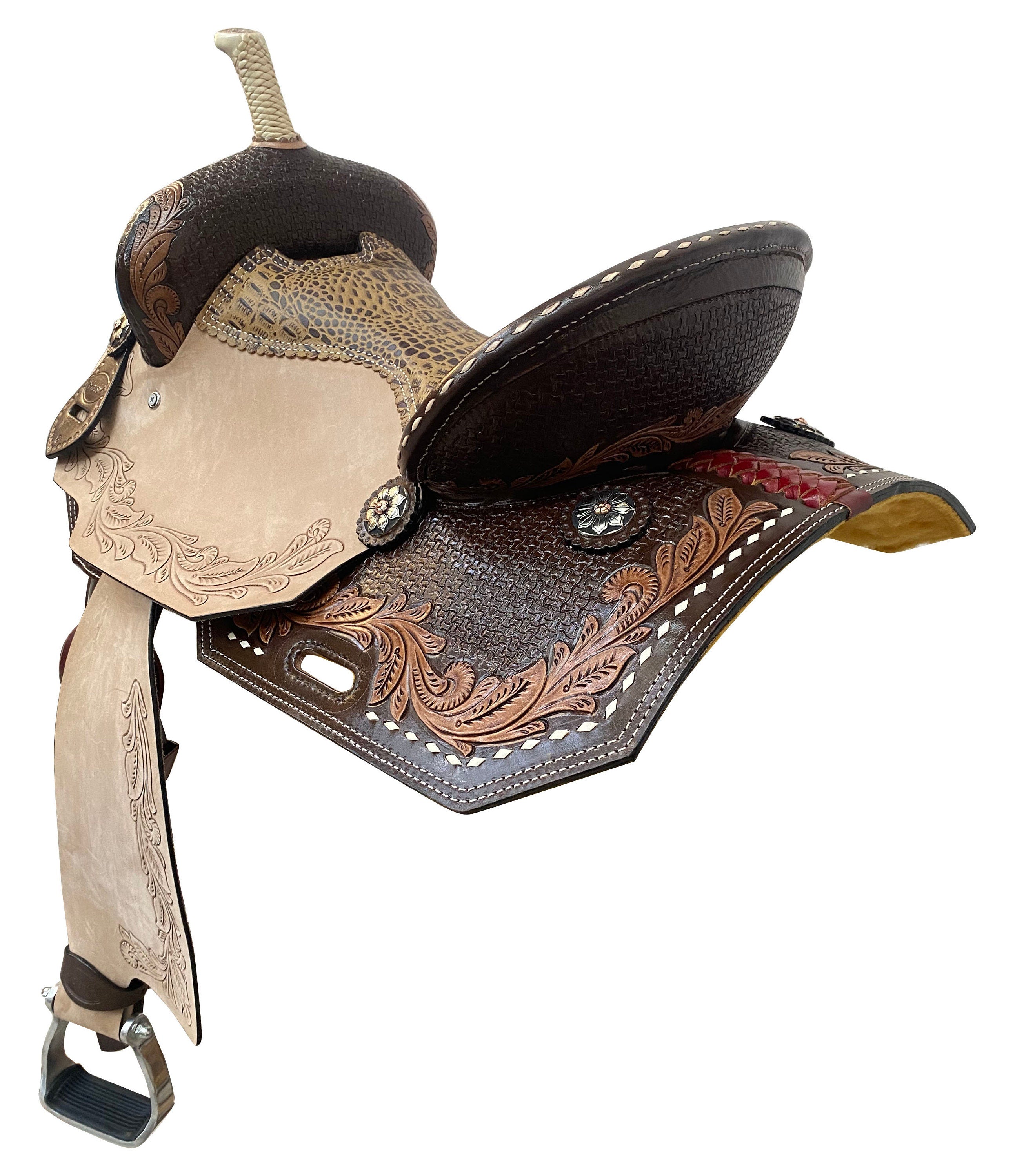 Western Barrel Saddle - Handcrafted with Premium Quality Leather, Hand-Tooled Alligator Print, Built on Rawhide-Covered Fiber Tree with Fancy Conchos, Seat Size: 13"-17" Inches