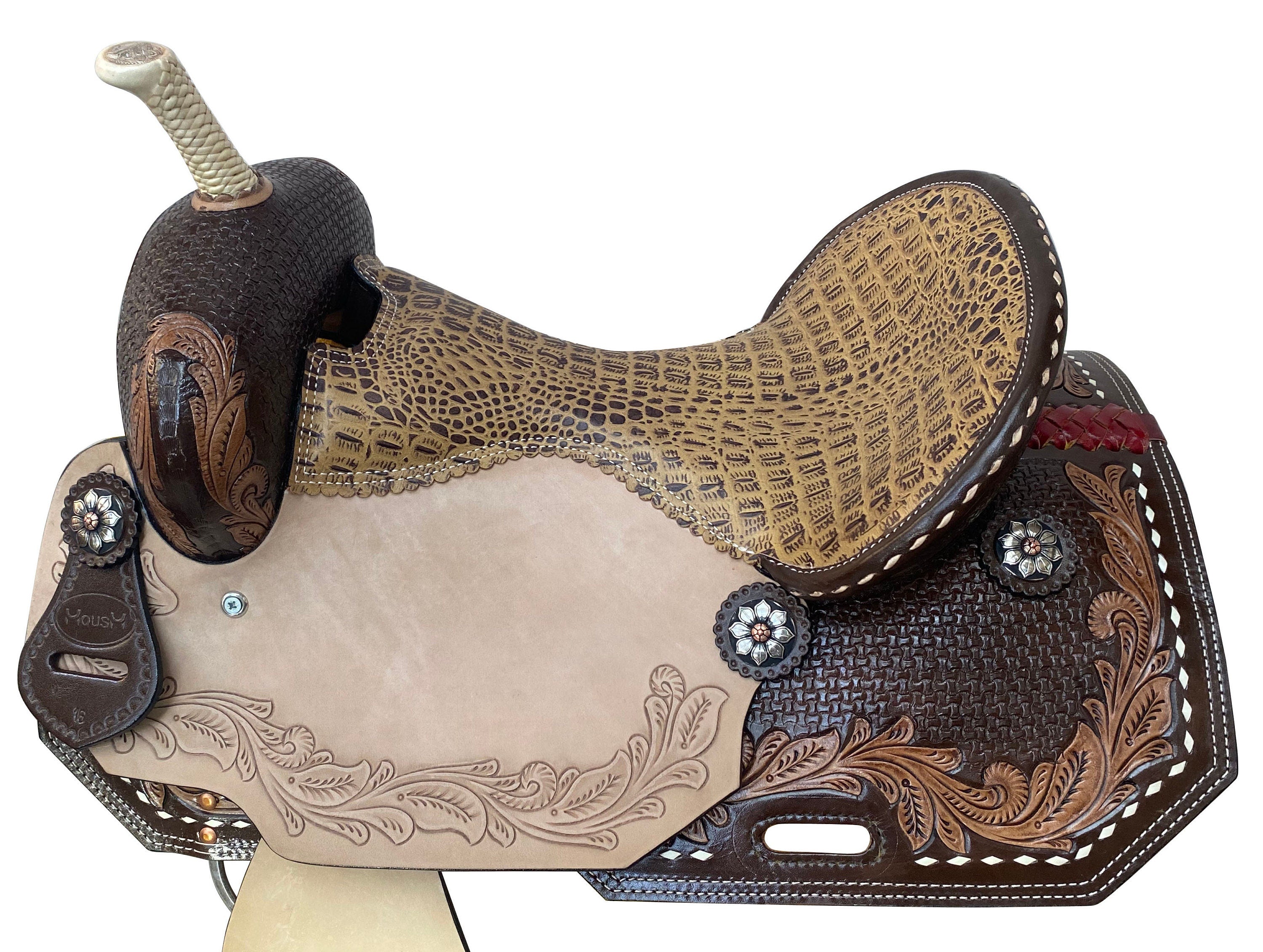 Western Barrel Saddle - Handcrafted with Premium Quality Leather, Hand-Tooled Alligator Print, Built on Rawhide-Covered Fiber Tree with Fancy Conchos, Seat Size: 13"-17" Inches